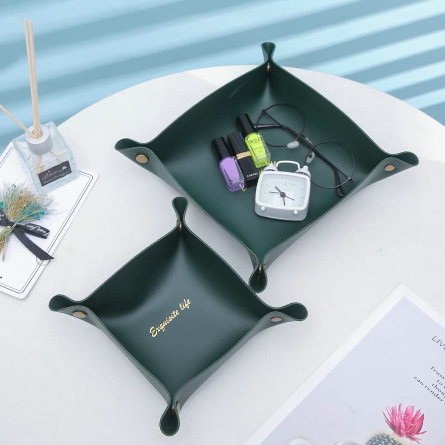 PU Leather Folding Storage Box - Desktop Organizer for Keys, Wallet, Coins & Dice | Home Office Decoration & Game Accessories | Perfect for Workspace, Gaming Table & Gift Giving (Green)