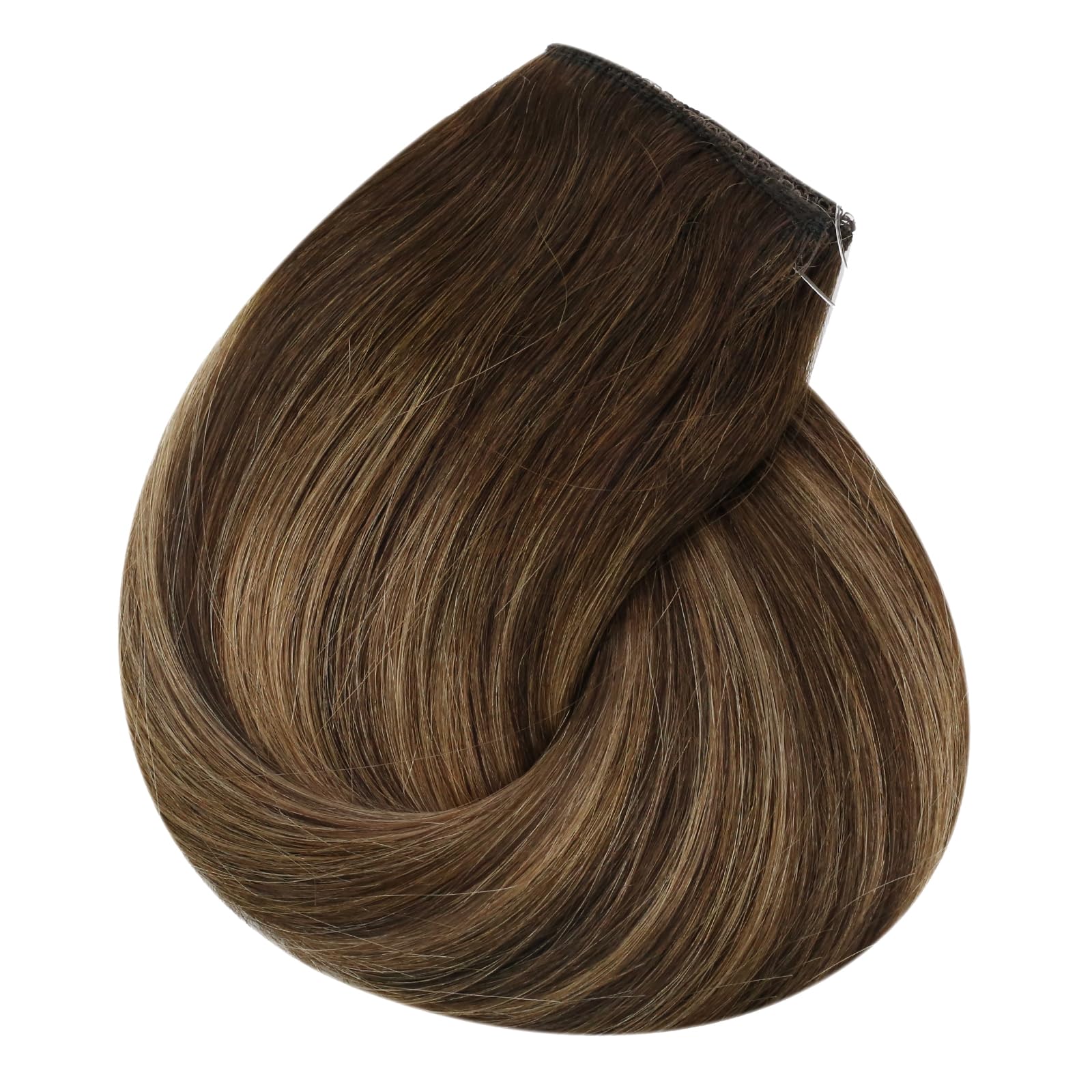 Sunny Wire Hair Extensions 20 Inch - Real Human Hair, Fish Line, Invisible Wire Extensions in Dark Brown to Caramel Blonde with Dark Brown Highlights (#4/27/4) - Perfect for Parties, Weddings & Everyday Styling