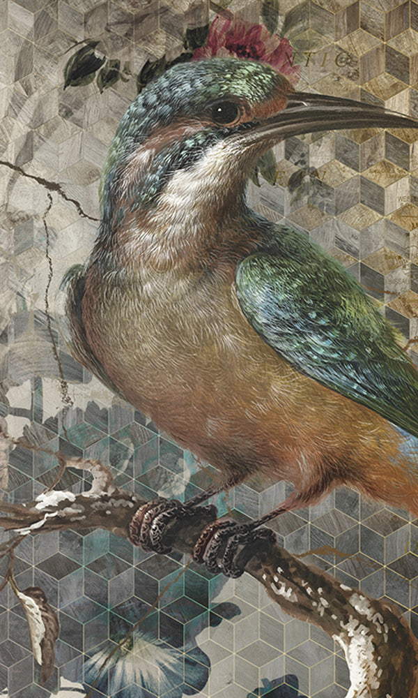 Blue Perched Bird Faux Effect Mural Wallpaper M9565 - Peel and Stick Removable Wall Decor for Bedroom, Nursery, Living Room & Office