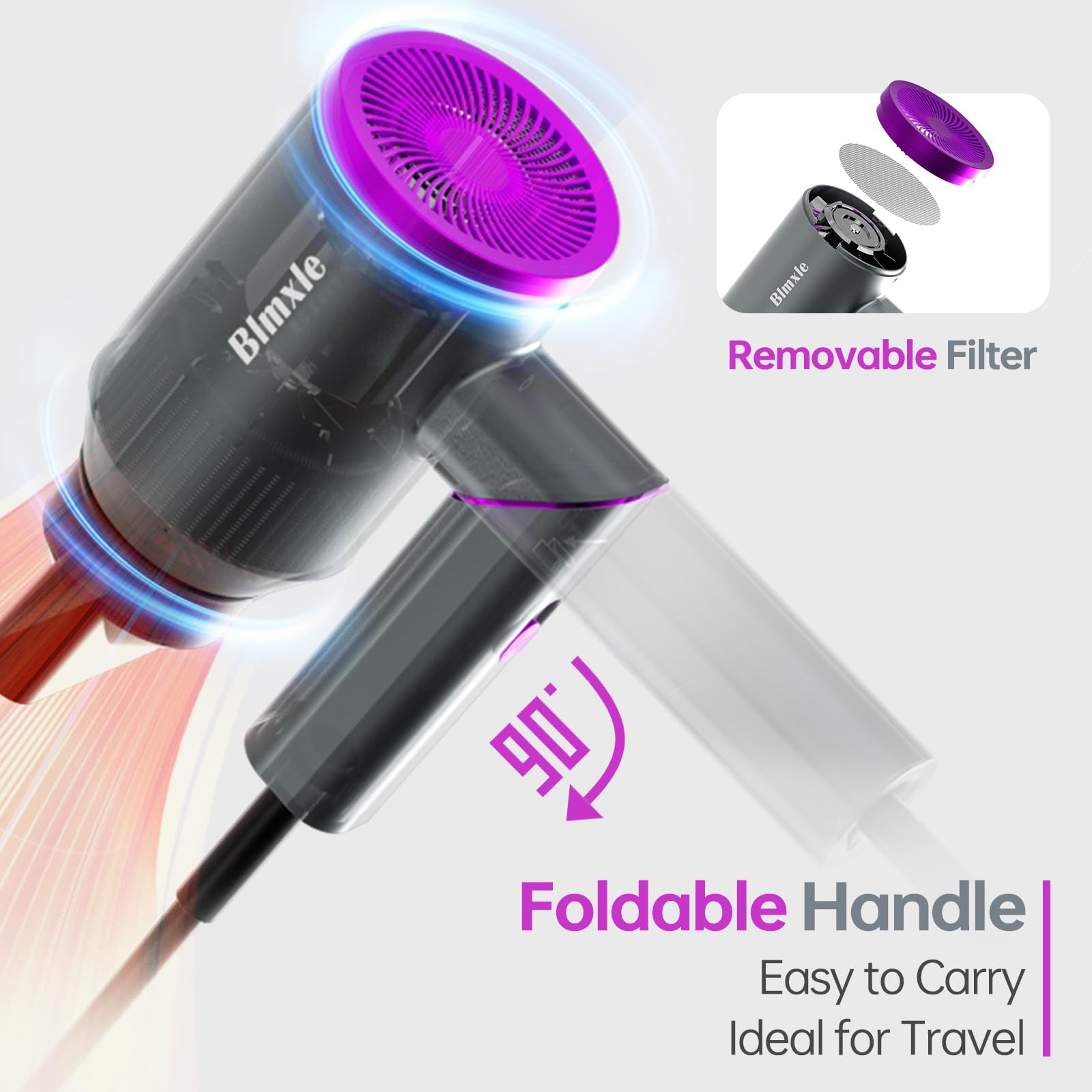 Professional Travel Hair Dryer with Foldable Handle - Fast Drying, Lightweight & Portable Blow Dryer with Concentrator Nozzle - Perfect for Women & Men at Home, Gym, or On-the-Go (Grey)