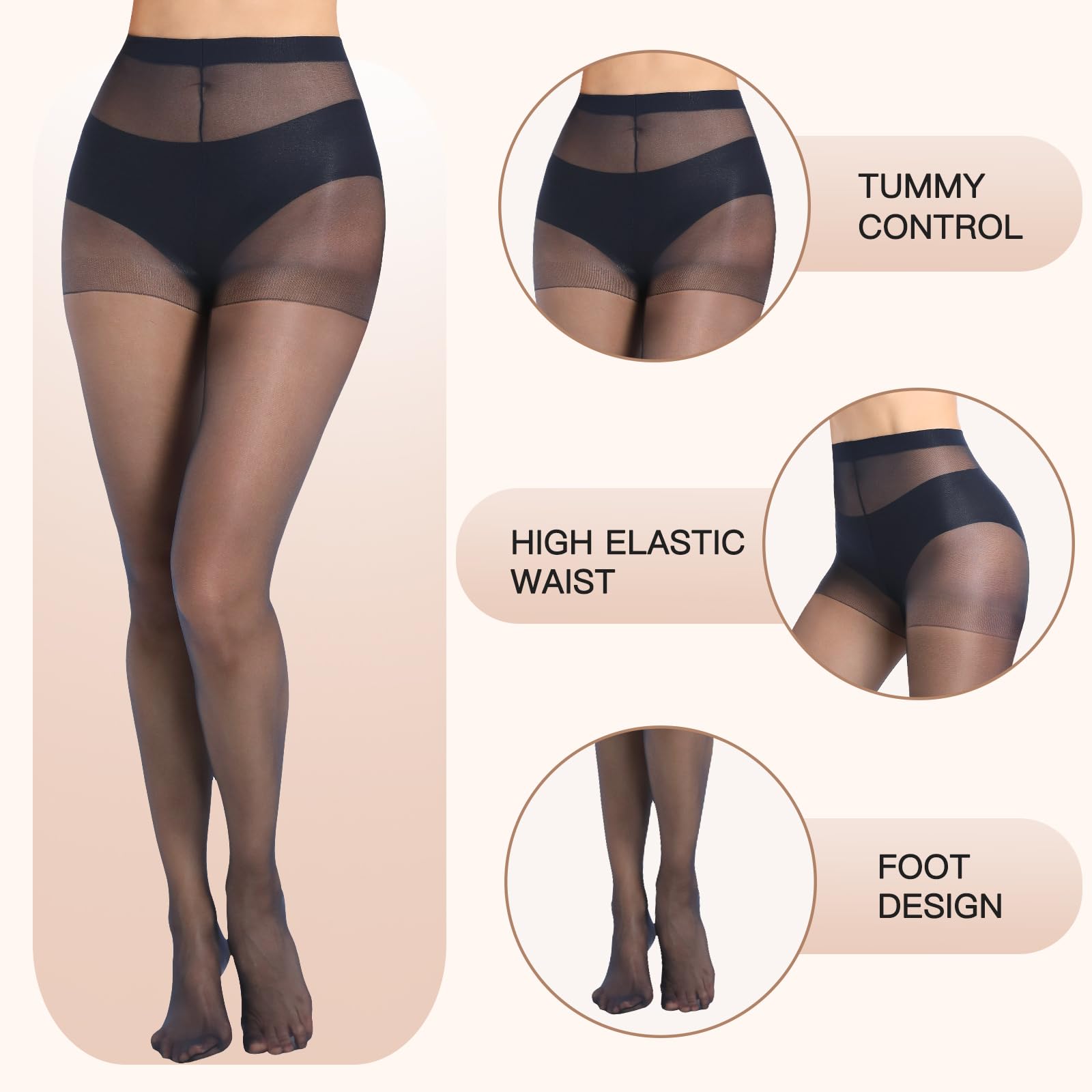MANZI 6 Pairs 20D Women's Sheer Tights - Ultra Thin High Waist Pantyhose & Thigh Stockings for Work, Party & Everyday Wear