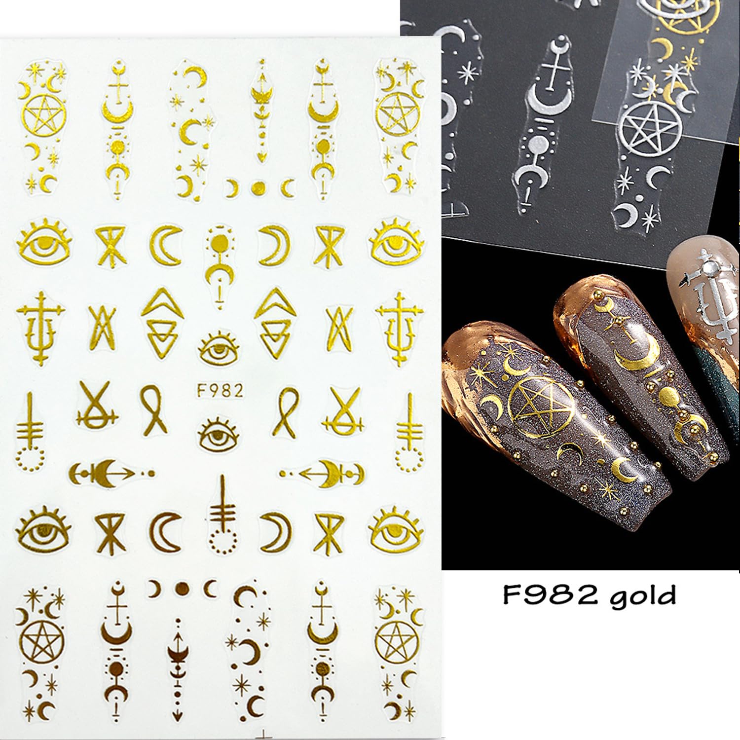 8 Sheets Gold Star Moon 3D Nail Art Stickers - Self-Adhesive Snake & Sun Eye Nail Decals with Various Patterns for Women DIY Manicure | Perfect for Parties, Weddings, and Special Occasion Nail Decorations