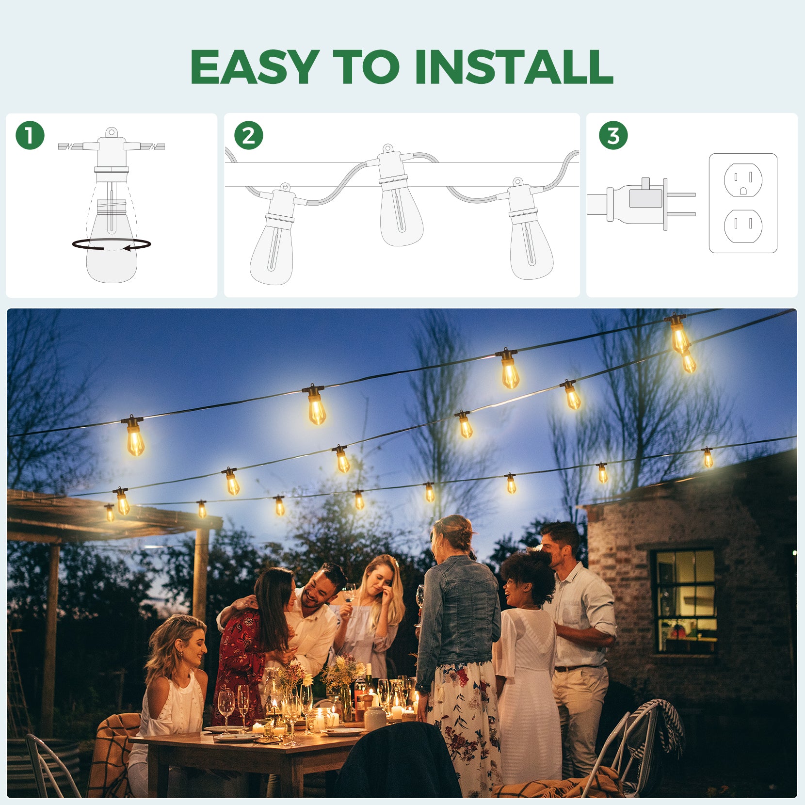 48 Ft Outdoor String Lights with Heavy Duty Flexible Rubber Cord - 16.5W Waterproof Fairy Lights for Patio, Garden, Wedding & Party Decor