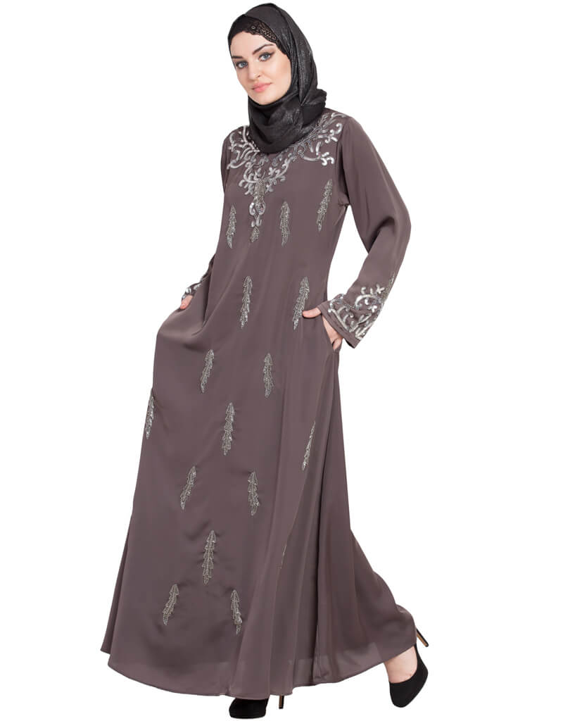 Elegant Arabic Full Hand Embellished A-Line Nida Abaya in Brown - Perfect for Islamic Prayer, Eid Celebrations & Modest Fashion