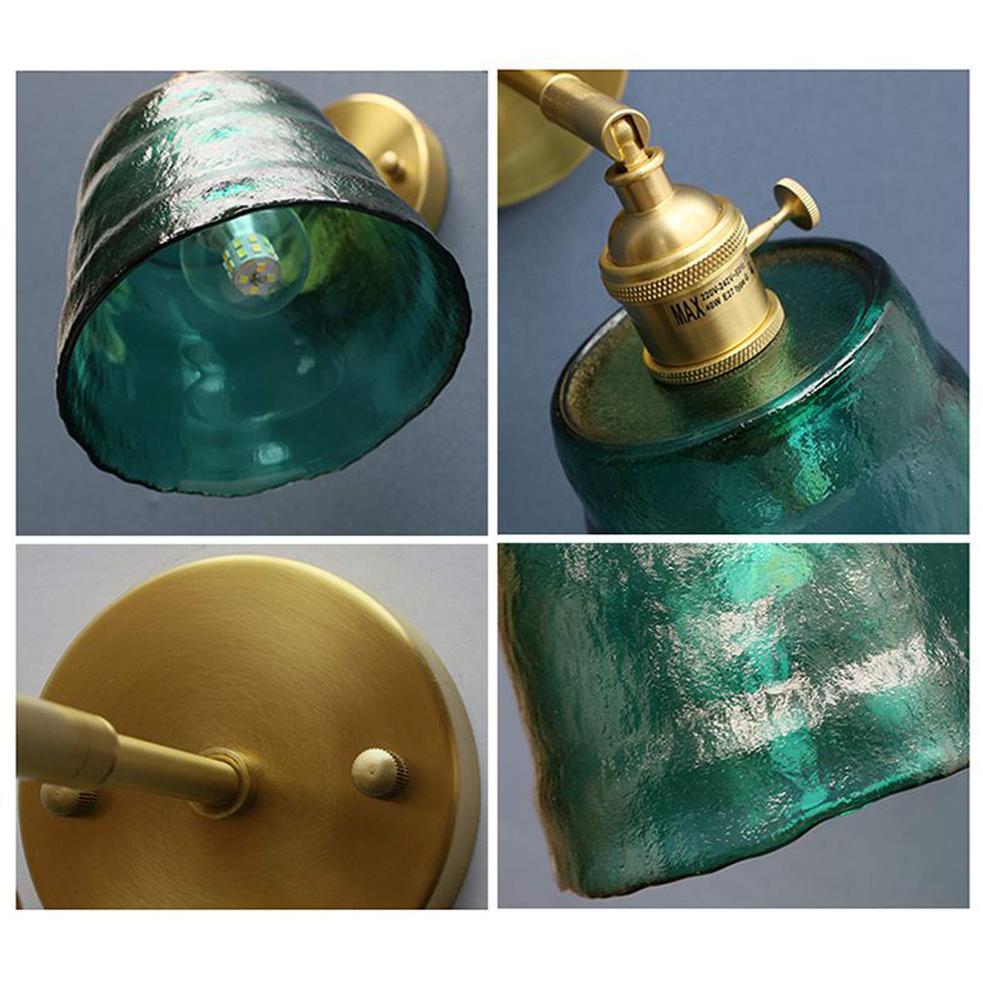 Adjustable Wall Sconce with UL Plug-in Cord - Dimmable E26 Bronze Base Reading Light with Rotating Switch & Green Glass Shade - Perfect for Bedroom, Hallway, Kitchen Island, Bathroom and Office Lighting