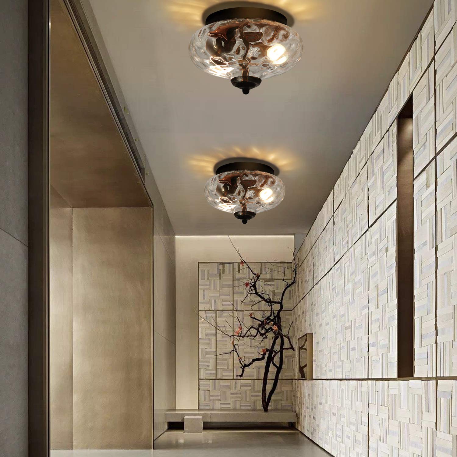 EDISLIVE Modern 2-Light Hammered Glass Flush Mount Ceiling Fixture - 10.2