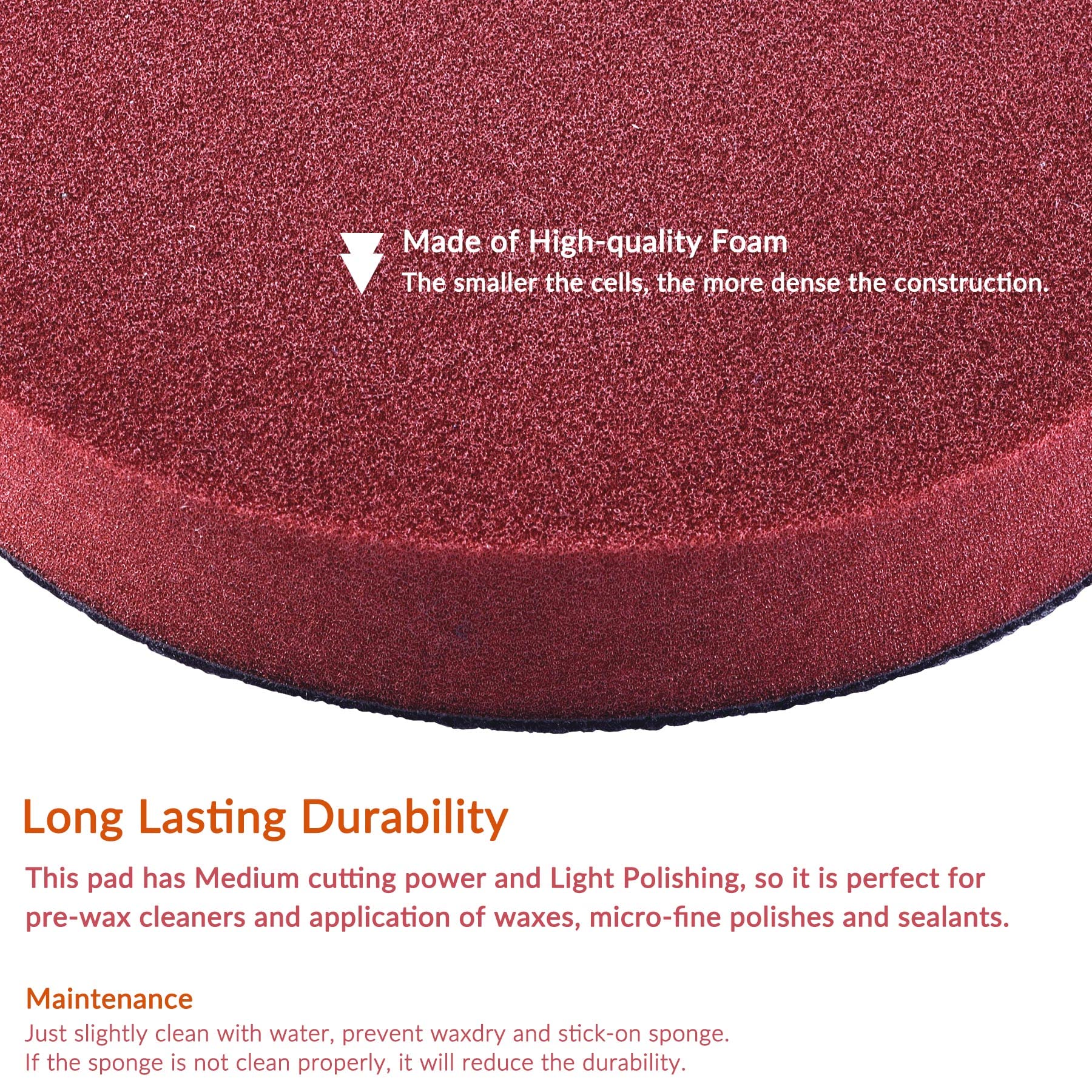 6 Inch Red Hook and Loop Buffing Pad - Medium Cut Light Polish Foam Pad for Car Detailing, Woodworking & Metal Polishing - Compatible with Pneumatic & Electric Polishing Machines - Durable Replacement Buffer Pads