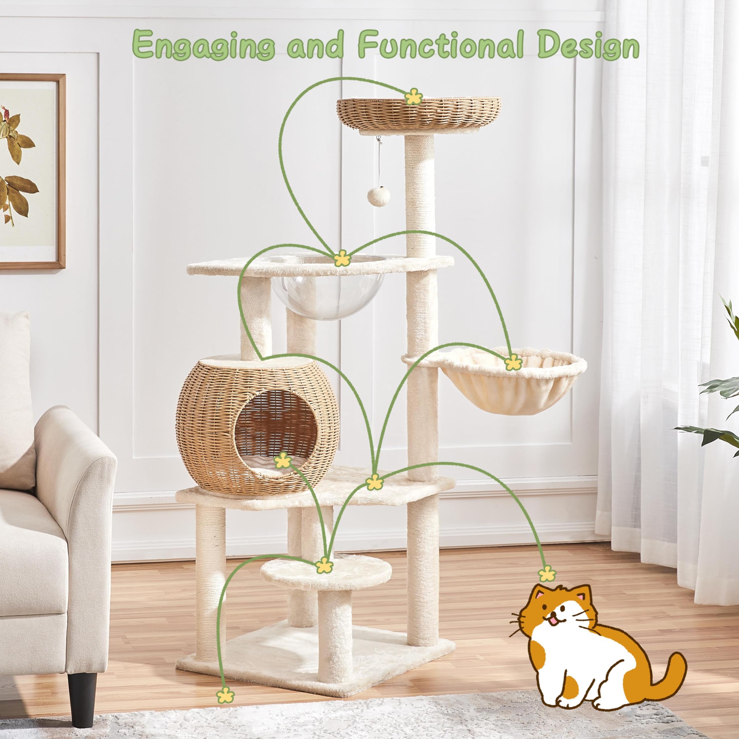 Yaheetech 54in Rattan Cat Tree Tower with Luxury Woven Condo, Clear Bowl & Washable Cushions - Multi-Level Cat Furniture with Scratching Posts for Indoor Cats - Perfect for Small Spaces, Apartments & Play Areas