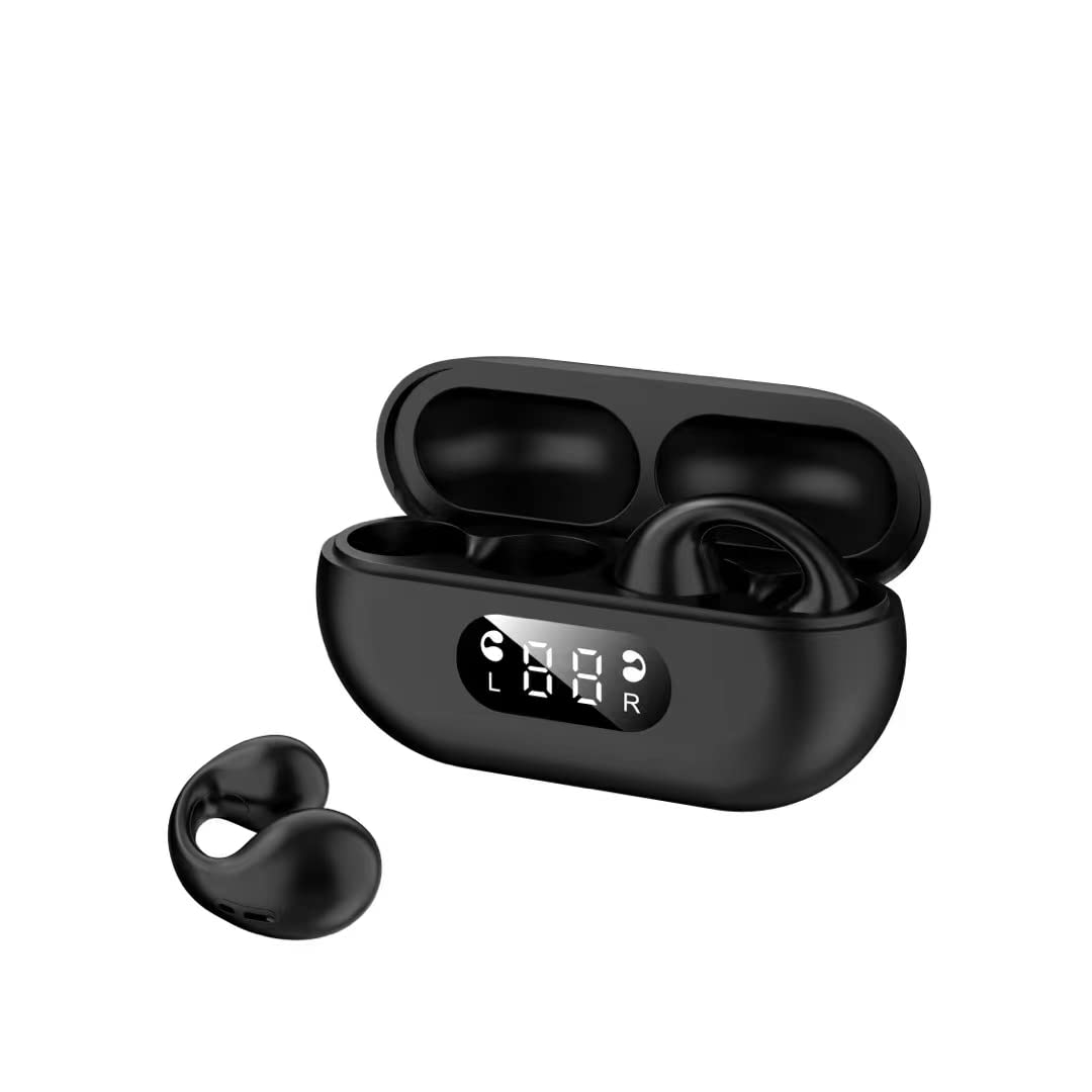 Air52 Open Ear Wireless Bluetooth 5.3 Earbuds - 16H Playtime, IPX5 Waterproof, LED Display Sport Headphones for Running, Cycling & Gym Workouts (Black Clip-On Earphones with Charging Case)