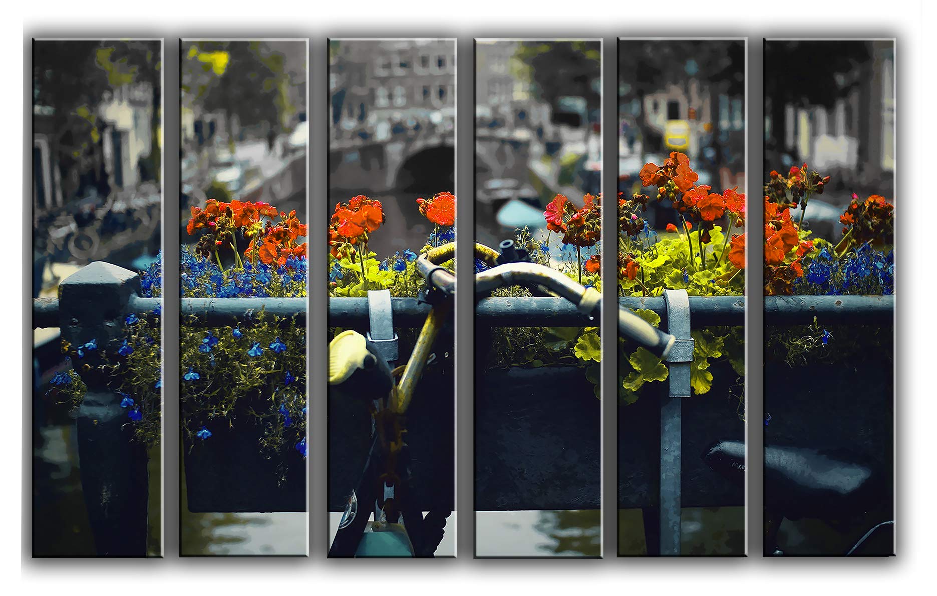 6 Piece Amsterdam Bicycle Wall Art Set - Flowers & Nature Theme Canvas Painting Prints for Living Room & Bedroom Decor - Perfect for Dutch Inspired Home Decor & Cycling Enthusiast Gifts