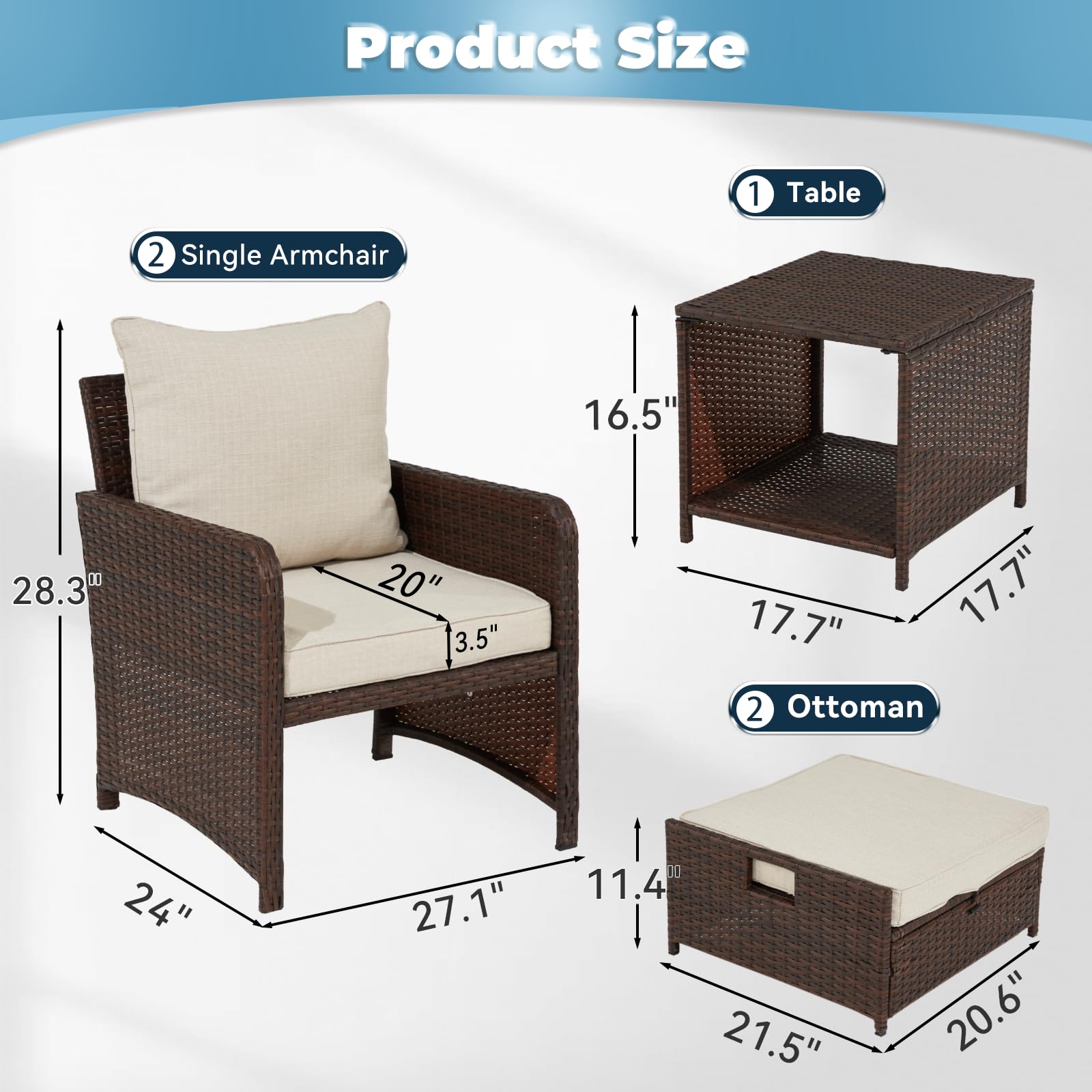5-Piece Rattan Wicker Patio Bistro Set with Table & Ottomans - Brown & Beige Balcony Furniture for Small Outdoor Spaces | Perfect for Garden, Poolside, Backyard & Apartment Patios