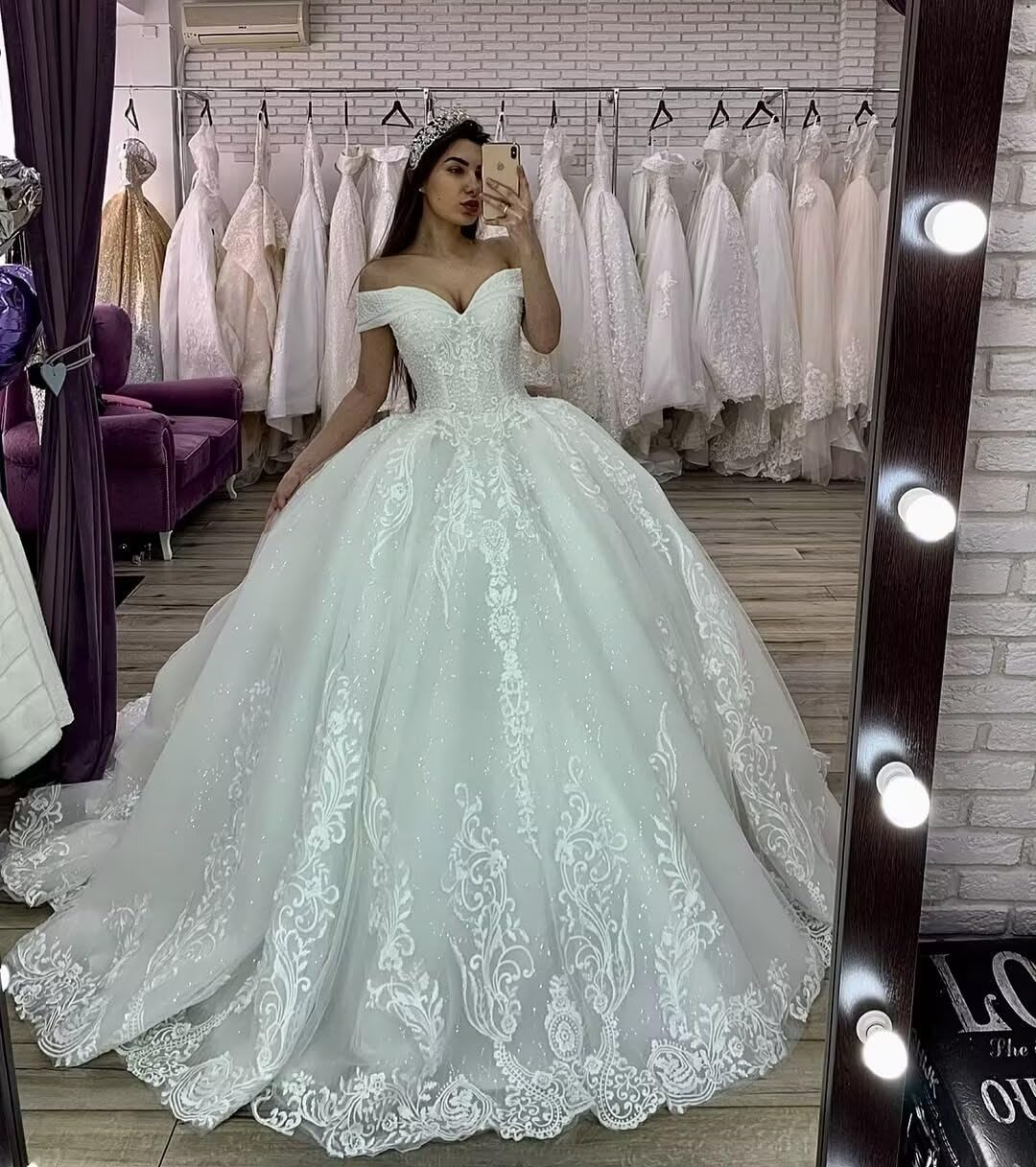 Elegant Off Shoulder Lace Wedding Dress for Bride – A-Line Princess Ball Gown with Appliques | Perfect for Church Ceremony, Beach Wedding & Formal Reception