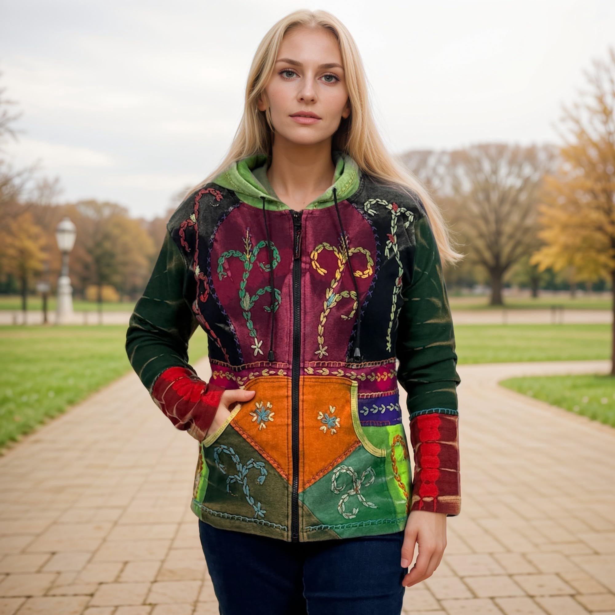 Agan Traders Women's 2025 Spring Boho Rib Knit Patch Tie-Dye Hoodie Sweatshirt Jacket - Stylish Casual Wear for Spring Outings, Music Festivals & Street Fashion