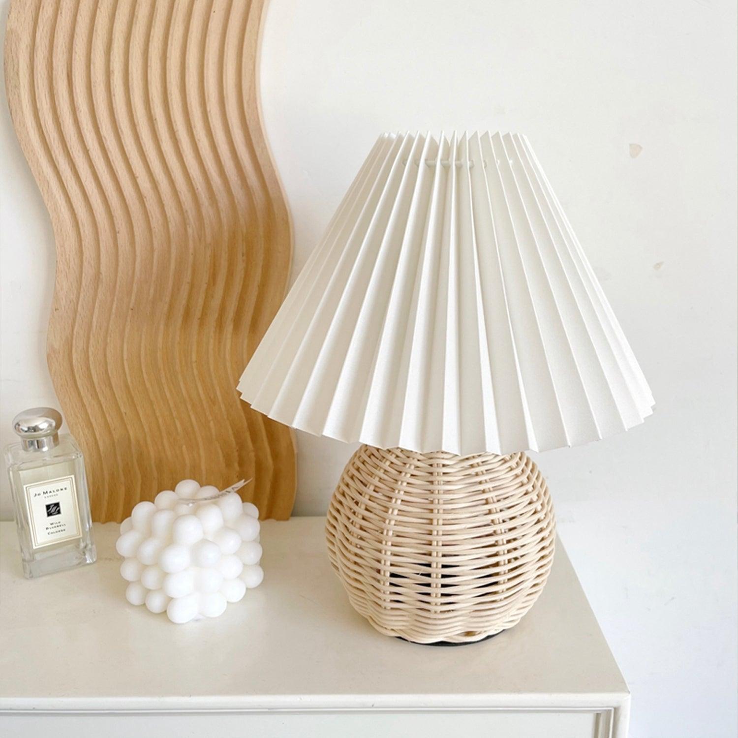 Rattan Pleated Table Lamp - Natural Woven Rattan Shade, Modern Boho Bedside Lighting for Living Room, Bedroom, or Office Decor