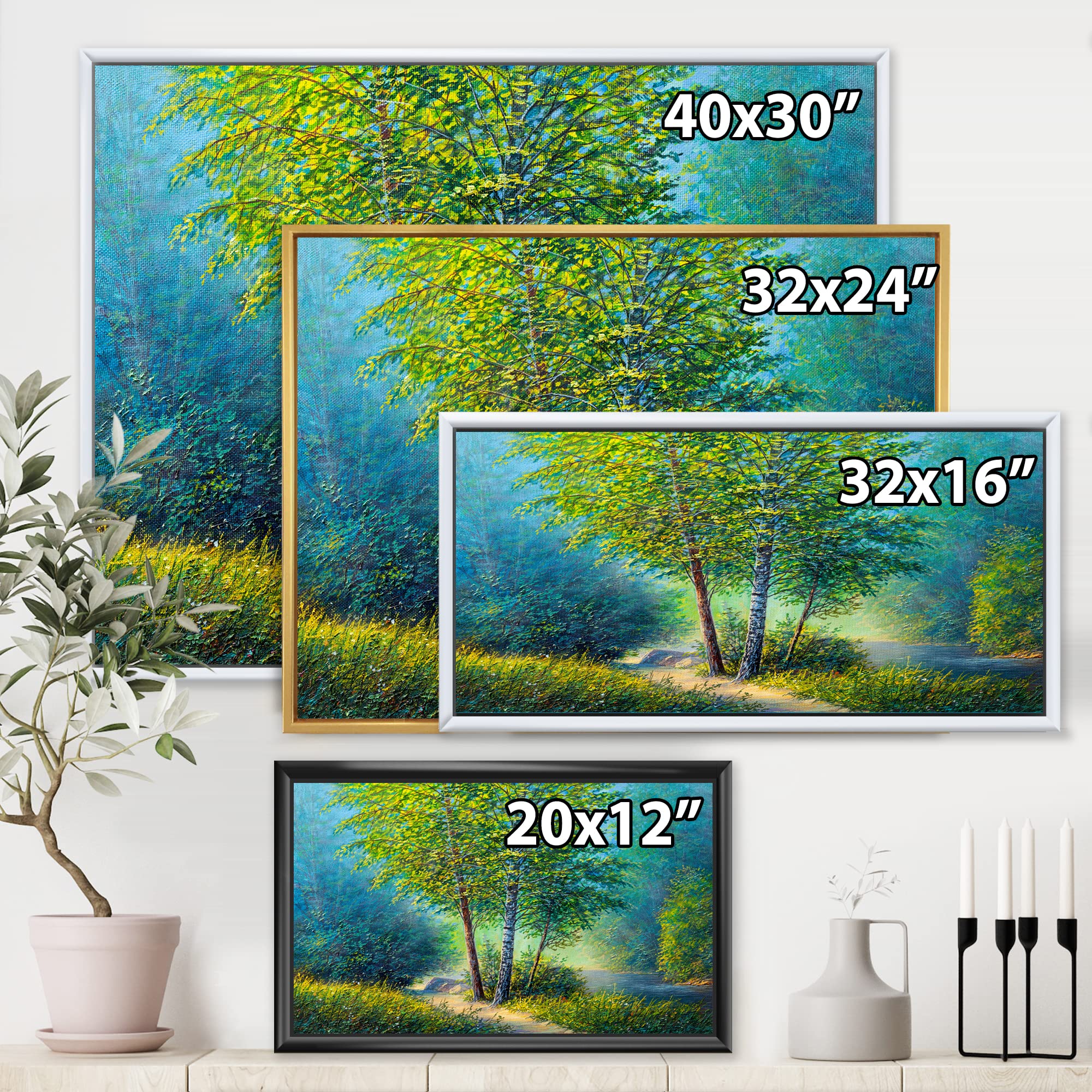 DesignQ Three Vibrant Trees By The River - Lake House Framed Canvas Wall Art Print for Living Room, Bedroom & Office Decor | Nature Landscape Painting | Ready to Hang Home Wall Decor