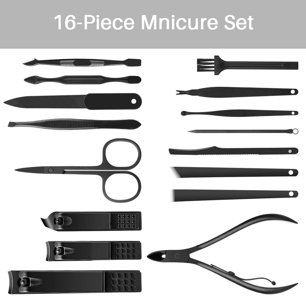 Premium Stainless Steel Nail Clipper Set - 16PCS Manicure Pedicure Kit with Nail Cutter, Scissors, Files & Leather Case for Home, Travel & Salon Use - Ideal Gift for Women & Men