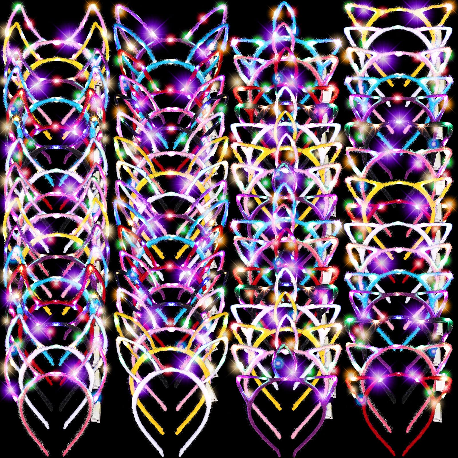 64 Pcs LED Glow in the Dark Headbands - 16 Cat Ears, 16 Rabbit Ears, 16 Unicorn Horns & 16 Cow Horns - Light Up Party Accessories for Women & Girls - Perfect for Valentine's Day, Halloween, Raves, Concerts & Costume Parties