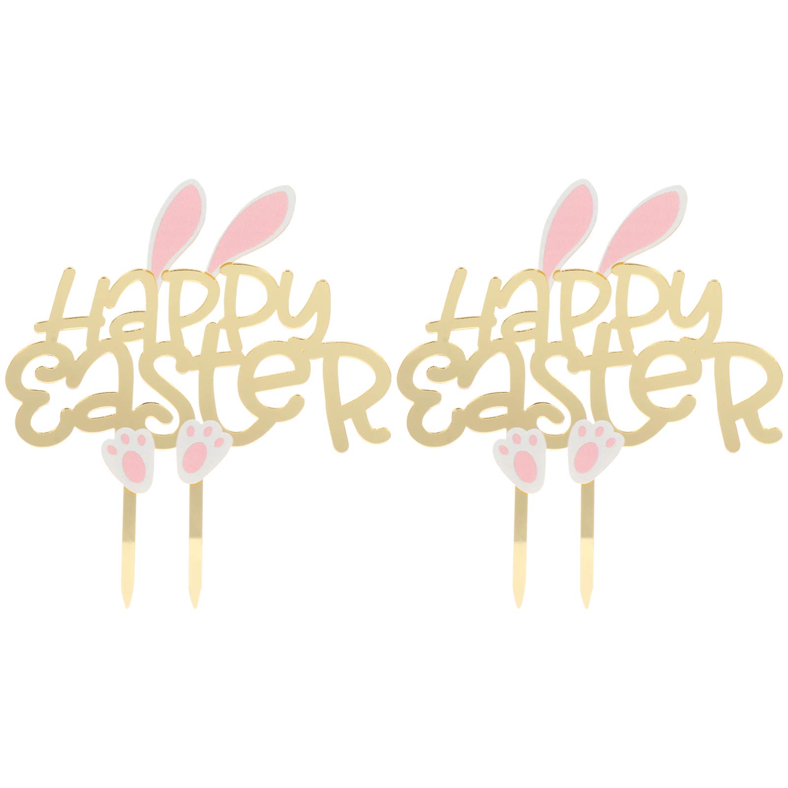 Amosfun 2Pcs Happy Easter Cake Toppers - Acrylic Bunny Ear Cake Picks with Lovely Rabbit Design for Easter Party Decorations (Golden) | Perfect for Easter Cakes, Cupcakes, and Dessert Table Displays
