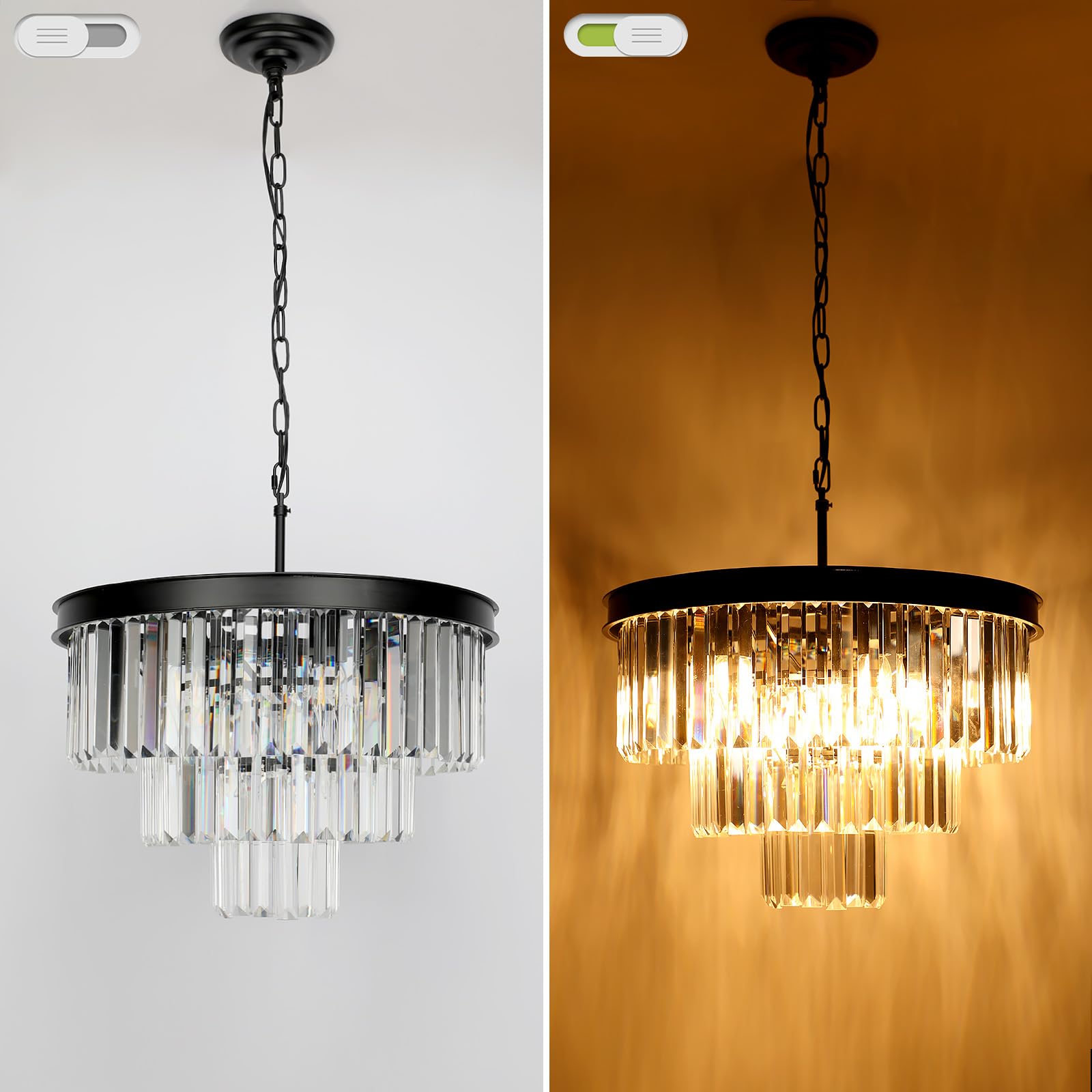 9-Light Black Modern Crystal Chandelier - 3-Tier Round Ceiling Light Fixture for Dining Room, Bedroom, Living Room, Entryway & Kitchen Island (20 Inch Diameter) - Elegant Lighting for Home Decor & Special Occasions
