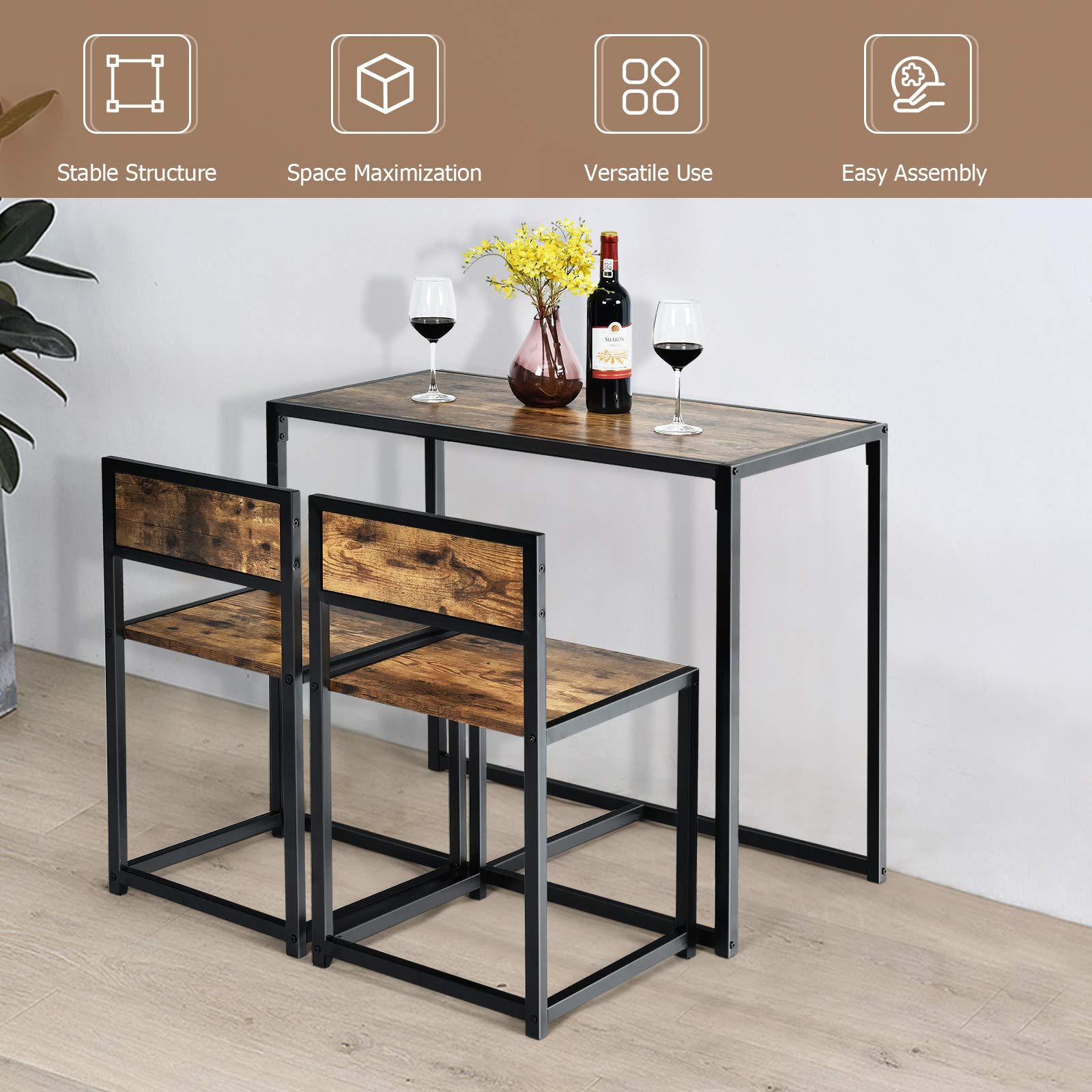 Giantex 3-Piece Industrial Dining Set - Small Kitchen Table with 2 Metal Chairs, Compact Bistro Pub Breakfast Table for Apartments & Small Spaces (Antique Finish) - Perfect for Studio Apartments, Tiny Homes & Cozy Breakfast Nooks