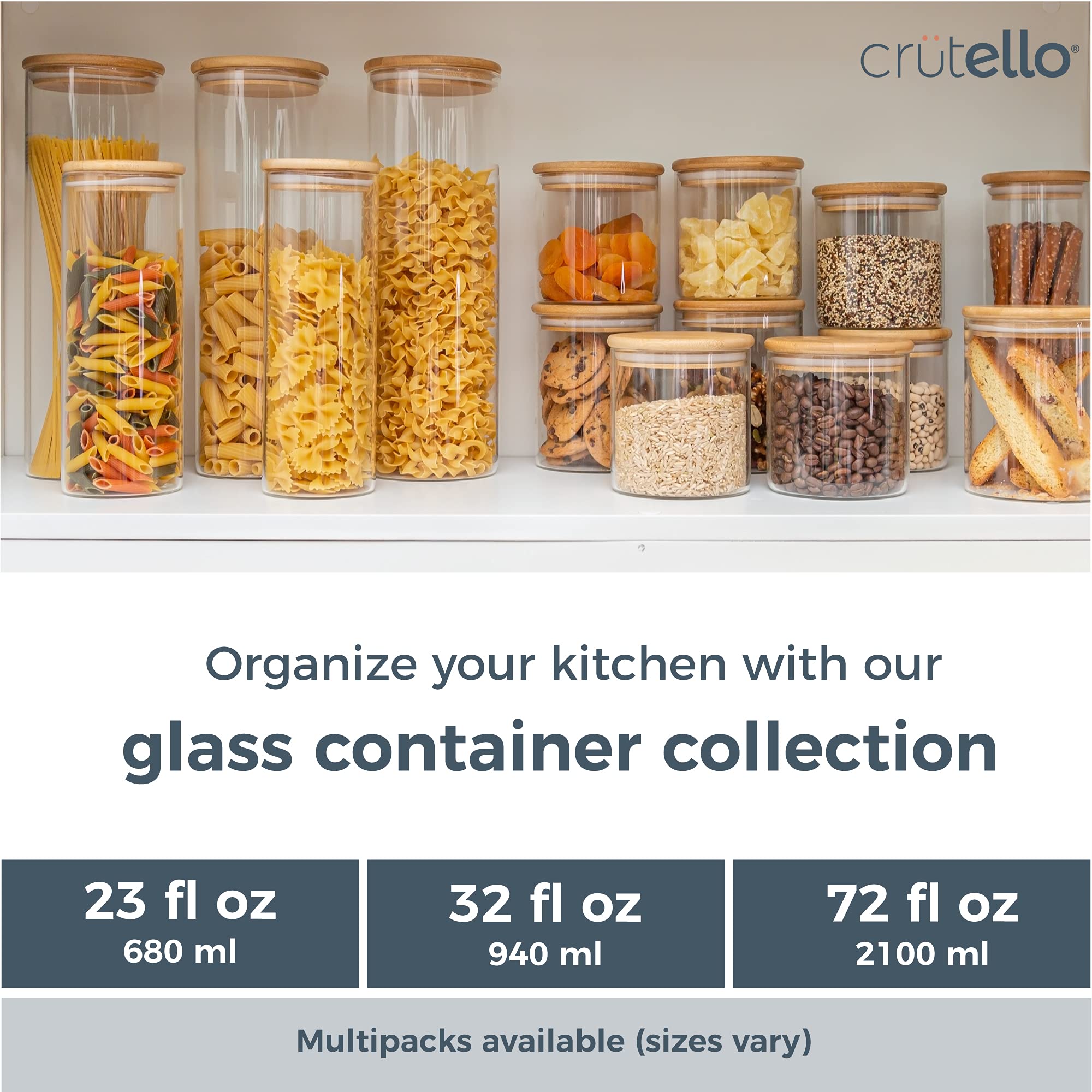 Crutello Glass Food Storage Containers with Bamboo Lids - 3 Pack (72oz) Airtight Clear Kitchen Canisters for Flour, Sugar, Coffee, Dry Goods - Perfect for Pantry Organization & Meal Prep | Family-Owned American Brand