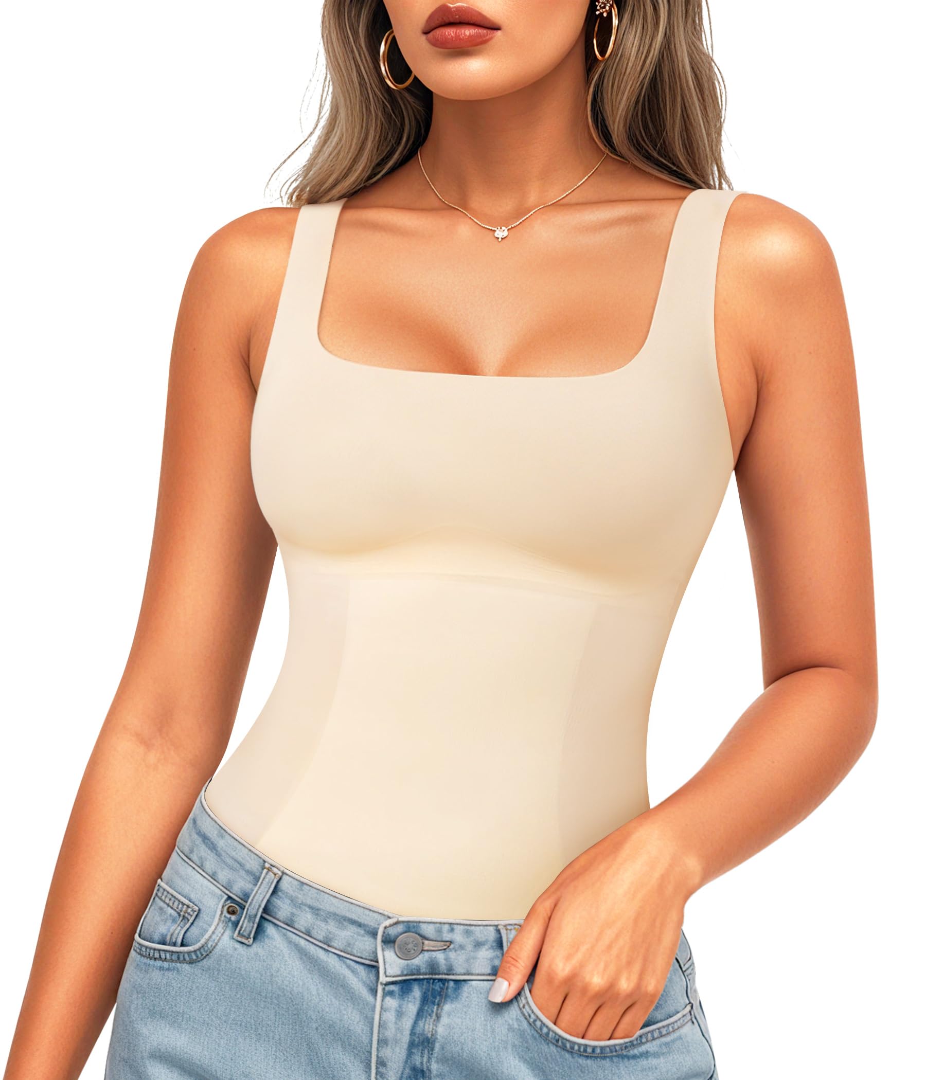 LODAY Women's Shapewear Compression Tank Tops - Tummy Control Square Neck Camisole for Slimming & Body Shaping | Perfect for Workout, Yoga, Layering & Everyday Wear