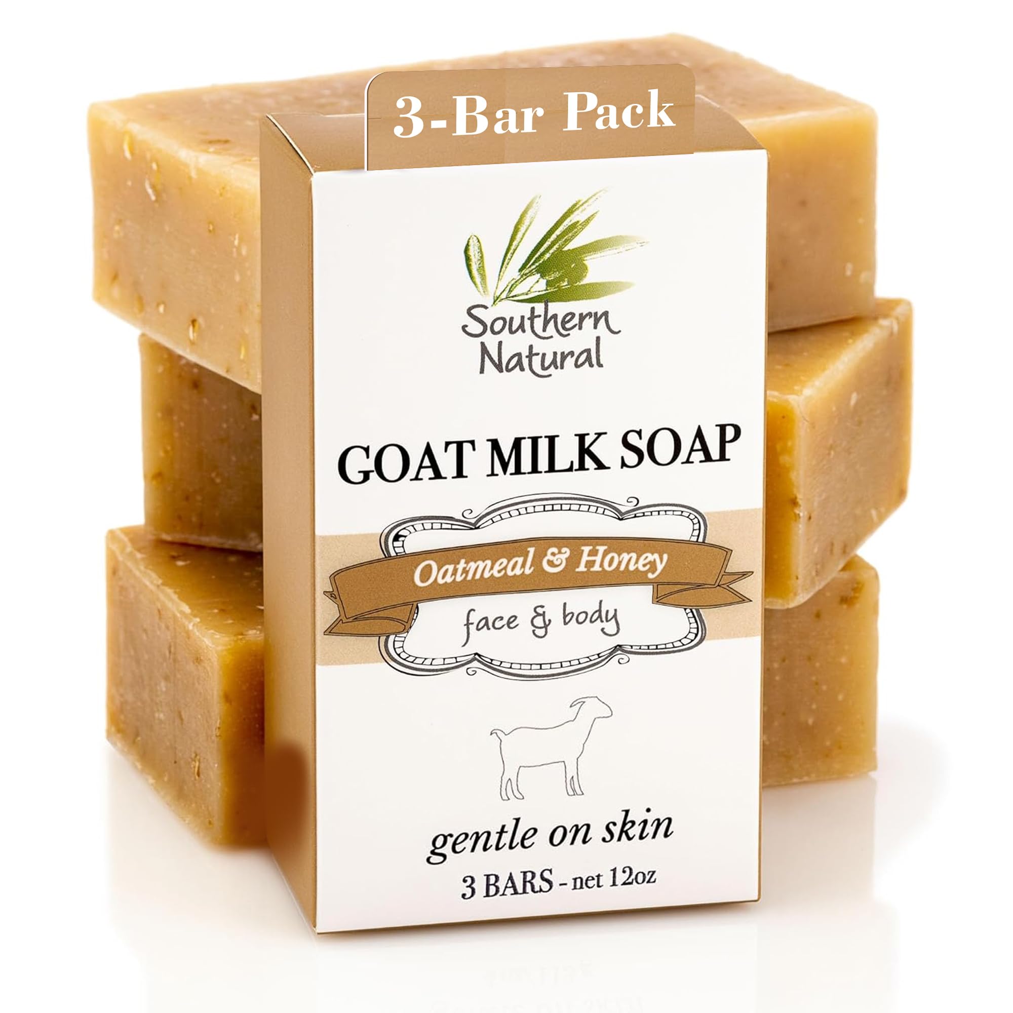 Southern Natural Oatmeal Soap Bar (3 Pack) - Unscented Goat Milk Soap with Colloidal Oatmeal & Honey for Dry, Sensitive Skin - Fragrance Free Cleanser - Gentle Moisturizing for Face & Body - Perfect for Eczema & Dermatitis Relief