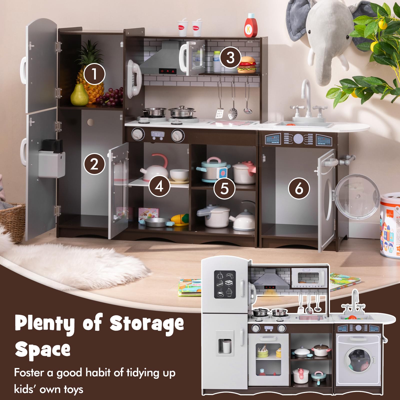 Costzon 2-Piece Wooden Play Kitchen Set with Washing Machine, Range Hood & Ice Maker - Interactive Kids Pretend Kitchen Toy with Sounds, Lights, Blackboard & Telephone - Ideal Gift for Toddlers Ages 3+ (Brown) - Perfect for Imaginative Play, Role-Playing & Early Learning at Home or Preschool