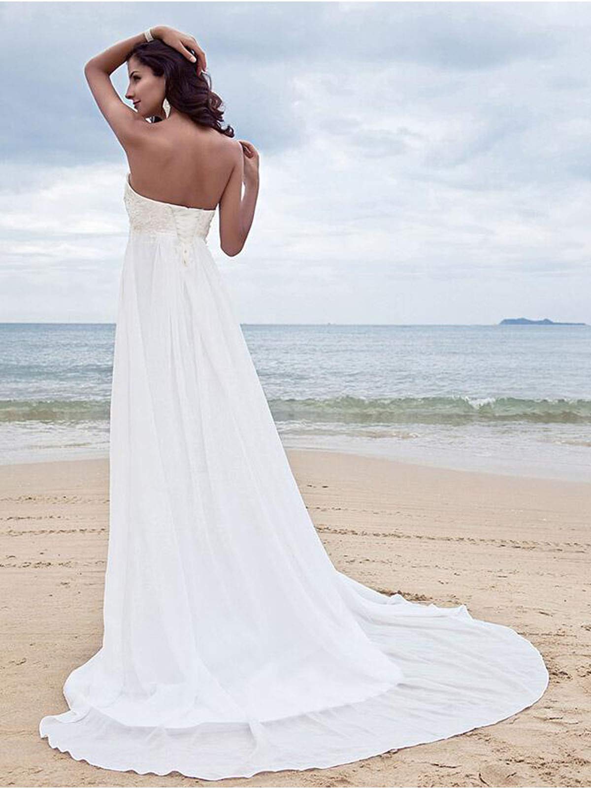 Plus Size Beach Wedding Dress for Women – Long Lace Chiffon Bridal Gown with Pearl Details | Perfect for Beach Weddings, Destination Elopements & Boho Bridal Photos