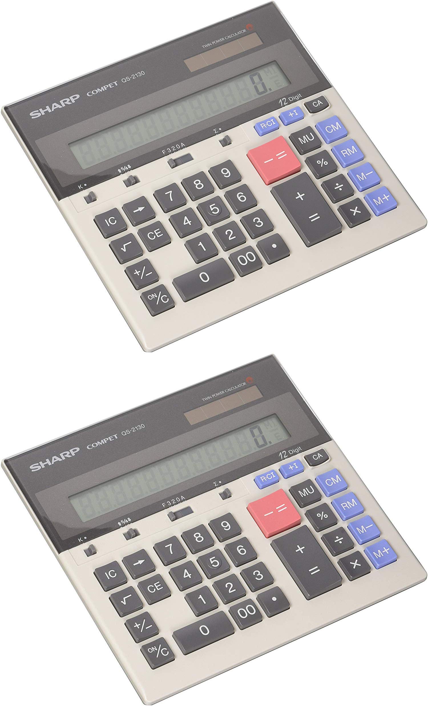Sharp QS-2130 12-Digit Desktop Calculator - Dual Power (Solar/Battery), Large LCD Display with Kickstand, Business & Office Essentials - Perfect for Accounting, Bookkeeping, Retail Stores & School Math (2-Pack)