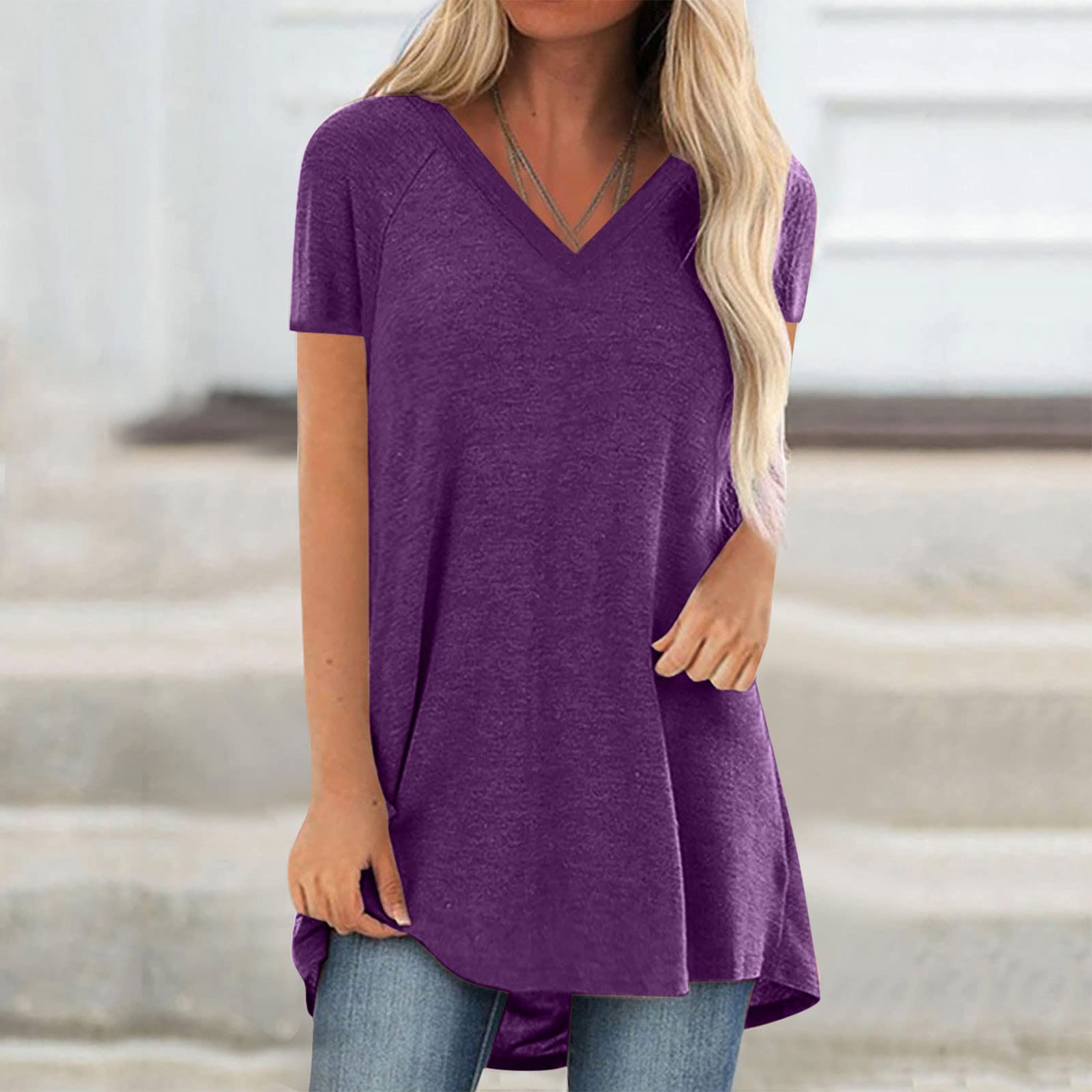 Women's Short Sleeve Flowy Summer Tunic Tops - Crewneck & V-Neck Casual Blouses for Leggings | Plus Size Comfortable Shirts for Beach, Travel & Everyday Wear