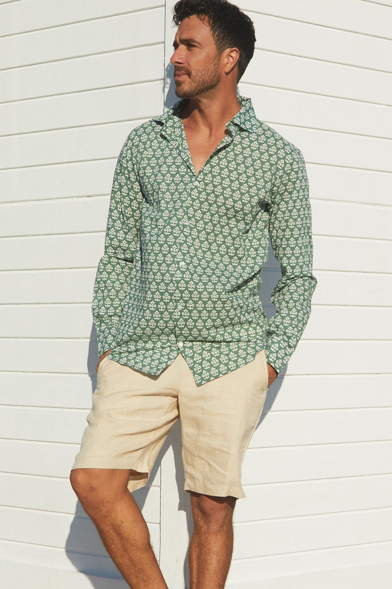 Men's Stylish Printed Cotton Shirt - Batik Khaki Design | Comfortable Casual Wear for Summer Outings & Beach Vacations