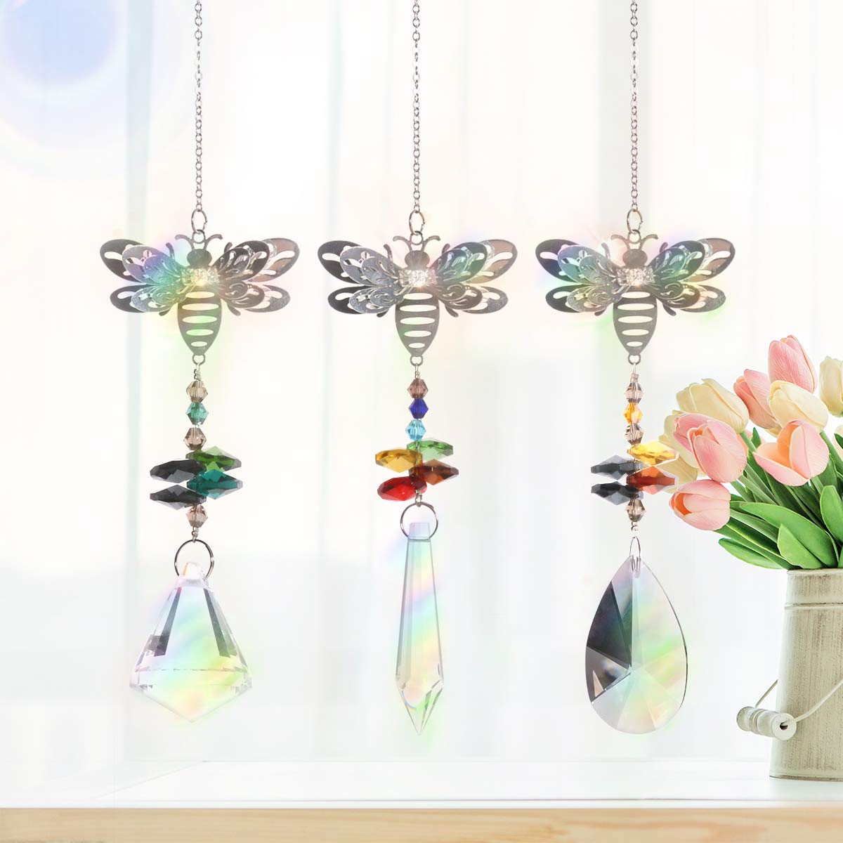 Rainbow Maker Crystal Glass Prisms Suncatcher - Set of 3 Handcrafted Sun Catchers for Window Decor, Garden Ornament & Home Stained Glass Effect - Creates Beautiful Rainbow Reflections Indoor/Outdoor