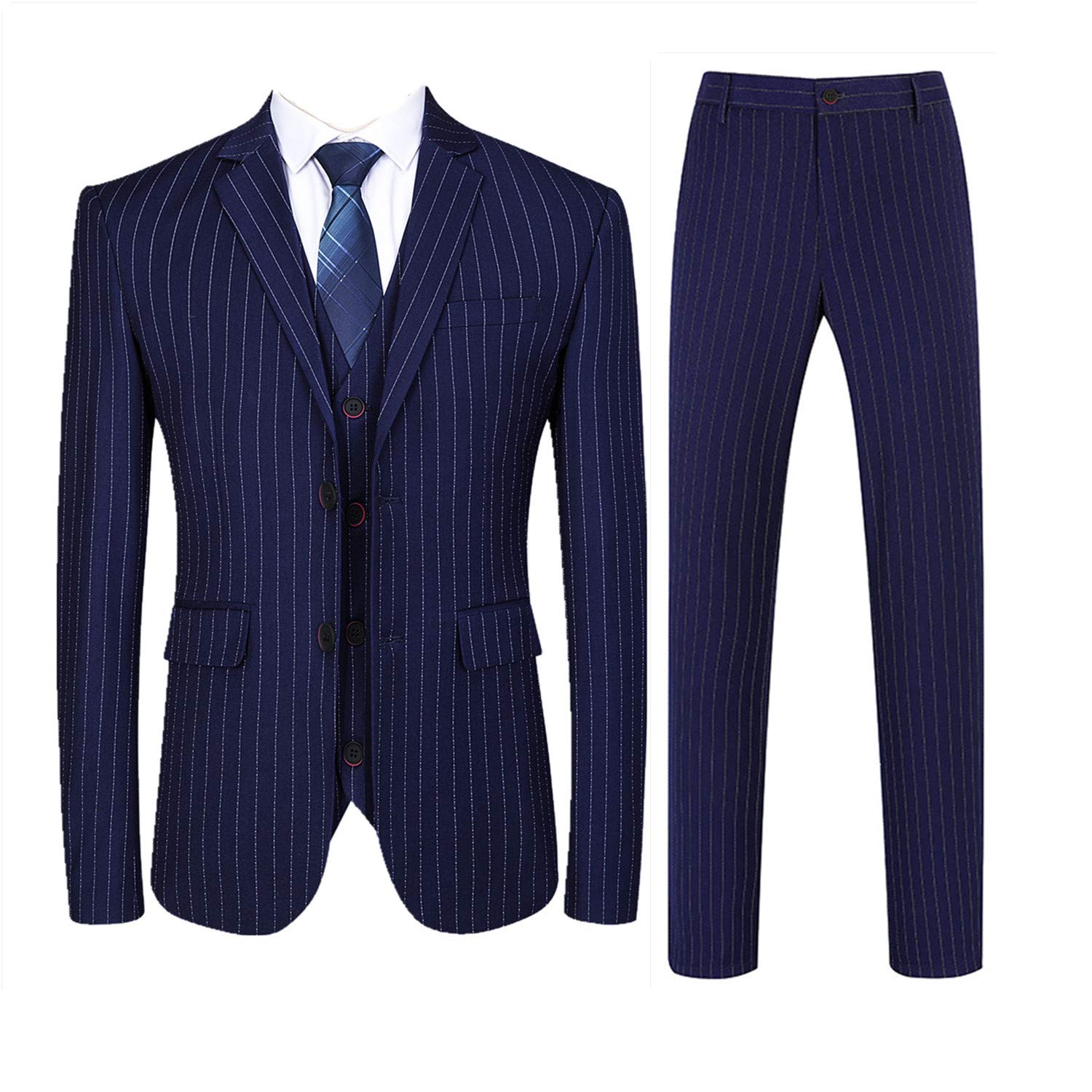 Men's 3-Piece Slim Fit Pinstripe Suit Set - Blazer, Vest & Dress Pants for Business, Weddings & Formal Occasions