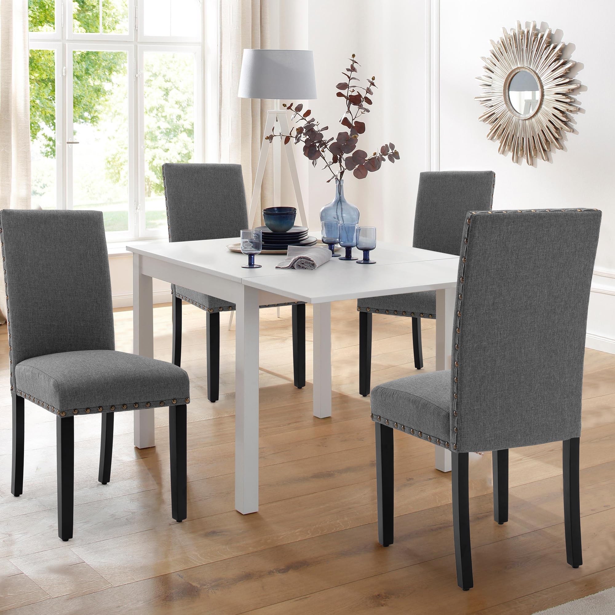 LSSBOUGHT Set of 2 Grey Upholstered Dining Chairs with Studded Nailhead Trim & Sturdy Wooden Legs - Elegant Parson Chairs for Dining Room, Kitchen, or Home Office