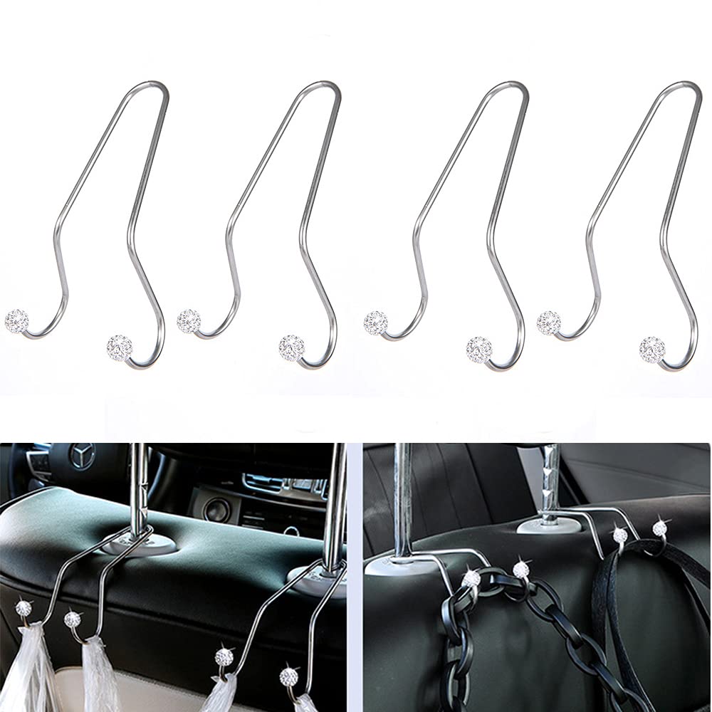 4 Pack Bling Diamond Car Hooks - Universal Headrest Hangers for Purse, Bag & Handbag Organizer | Perfect for Car Seat Storage, Mask Holder & Everyday Essentials Organization