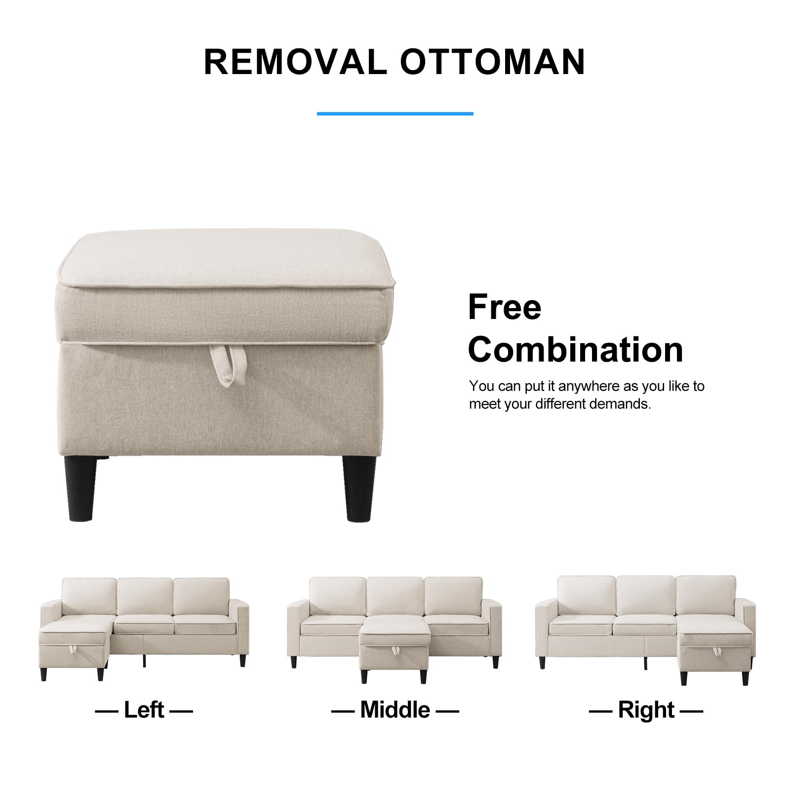PUREMIND 2-Piece L-Shaped Sectional Sofa Set with Storage Ottoman & Armchair - Convertible 3-Seater Couch in Linen Fabric for Living Room & Apartment - Perfect for Small Spaces, Movie Nights & Guest Accommodation