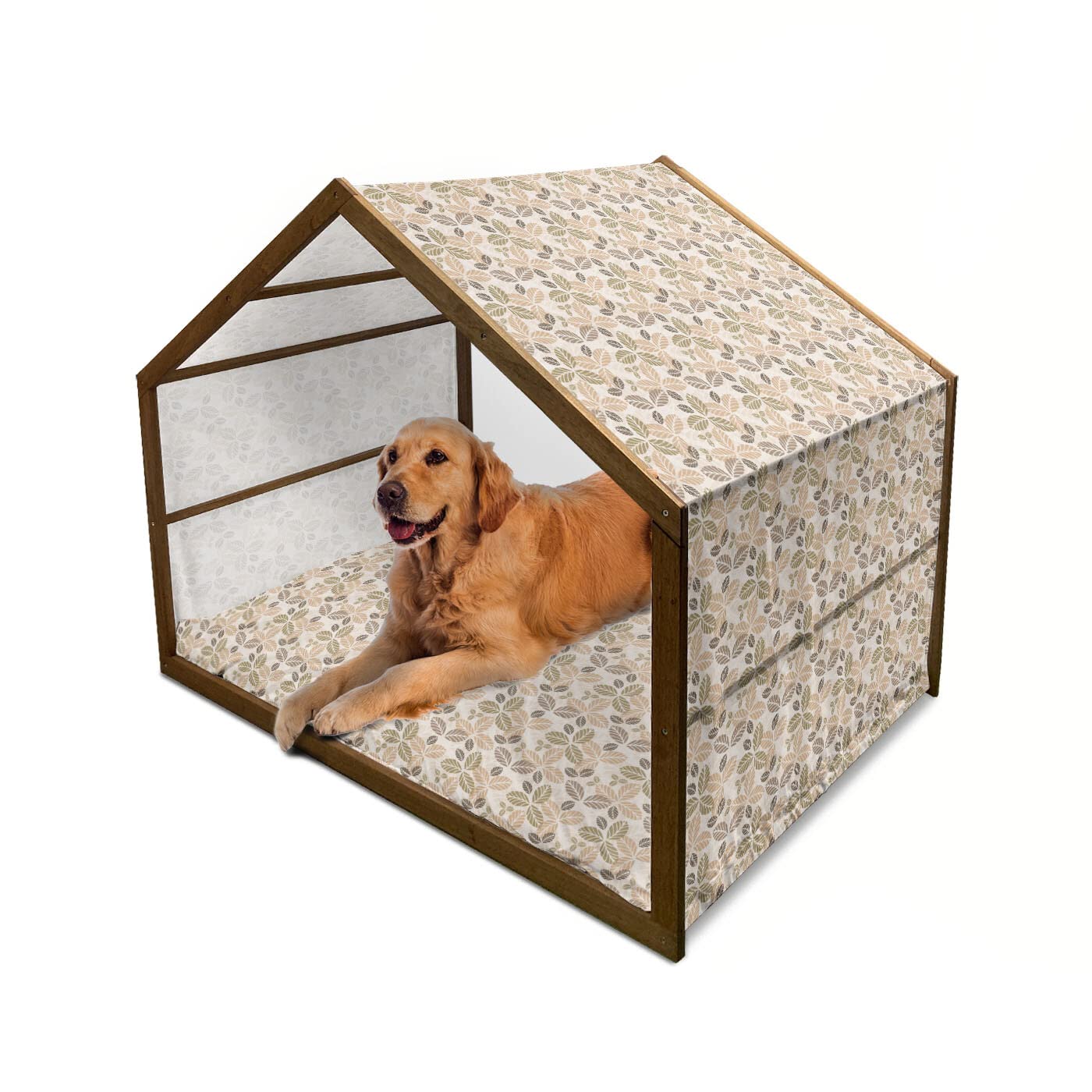 Ambesonne Wooden Dog House with Floral Abstract Leaf Pattern - Indoor & Outdoor Portable Pet Kennel with Pillow & Cover - X-Large Size in Army Green/Tan/Brown - Perfect for Gardens, Patios & Home Decor