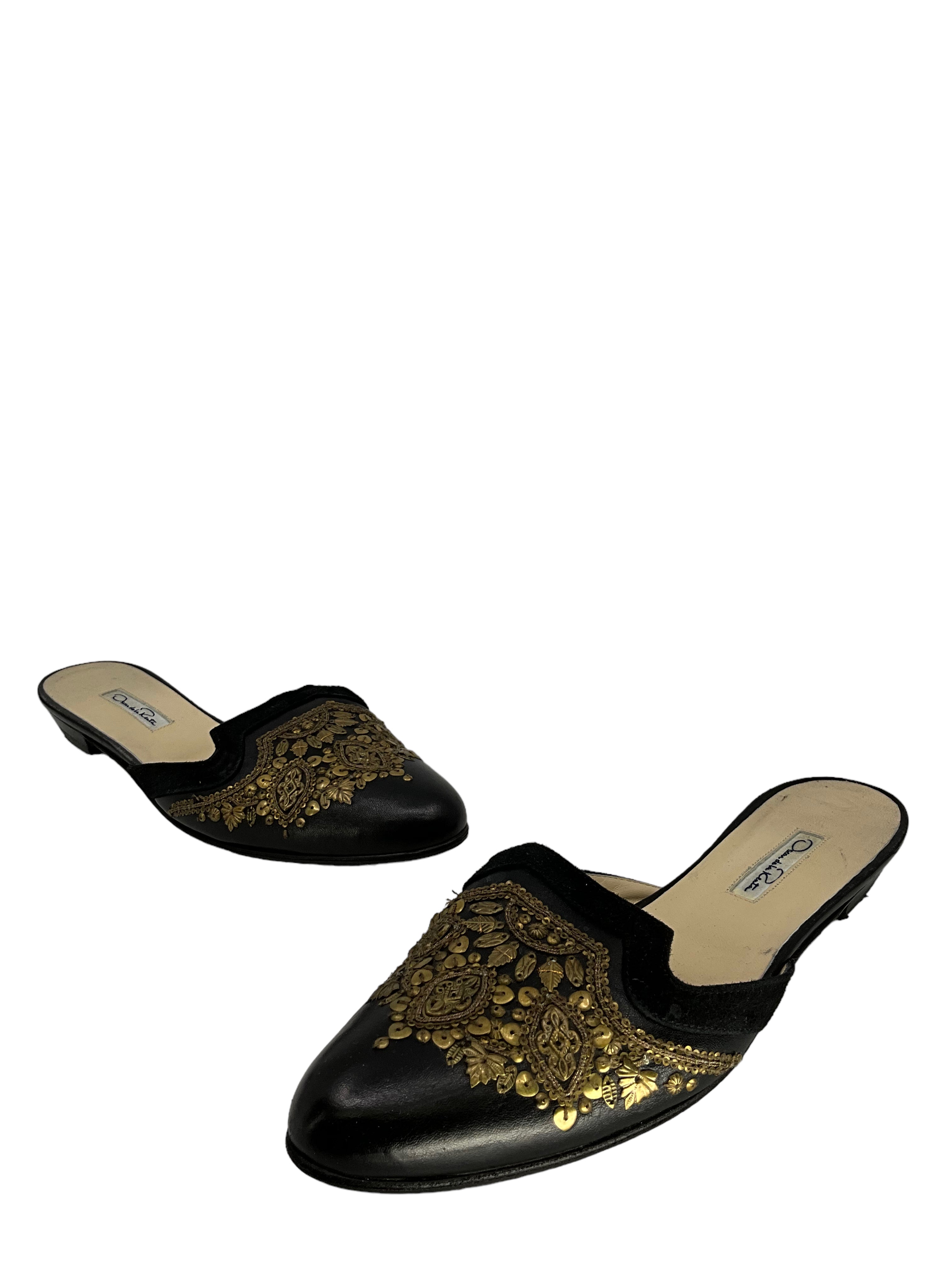 Oscar De La Renta Leather Embroidered Spanish Mules Women's Size 10.5 - Elegant Slip-On Shoes for Weddings, Parties & Special Occasions