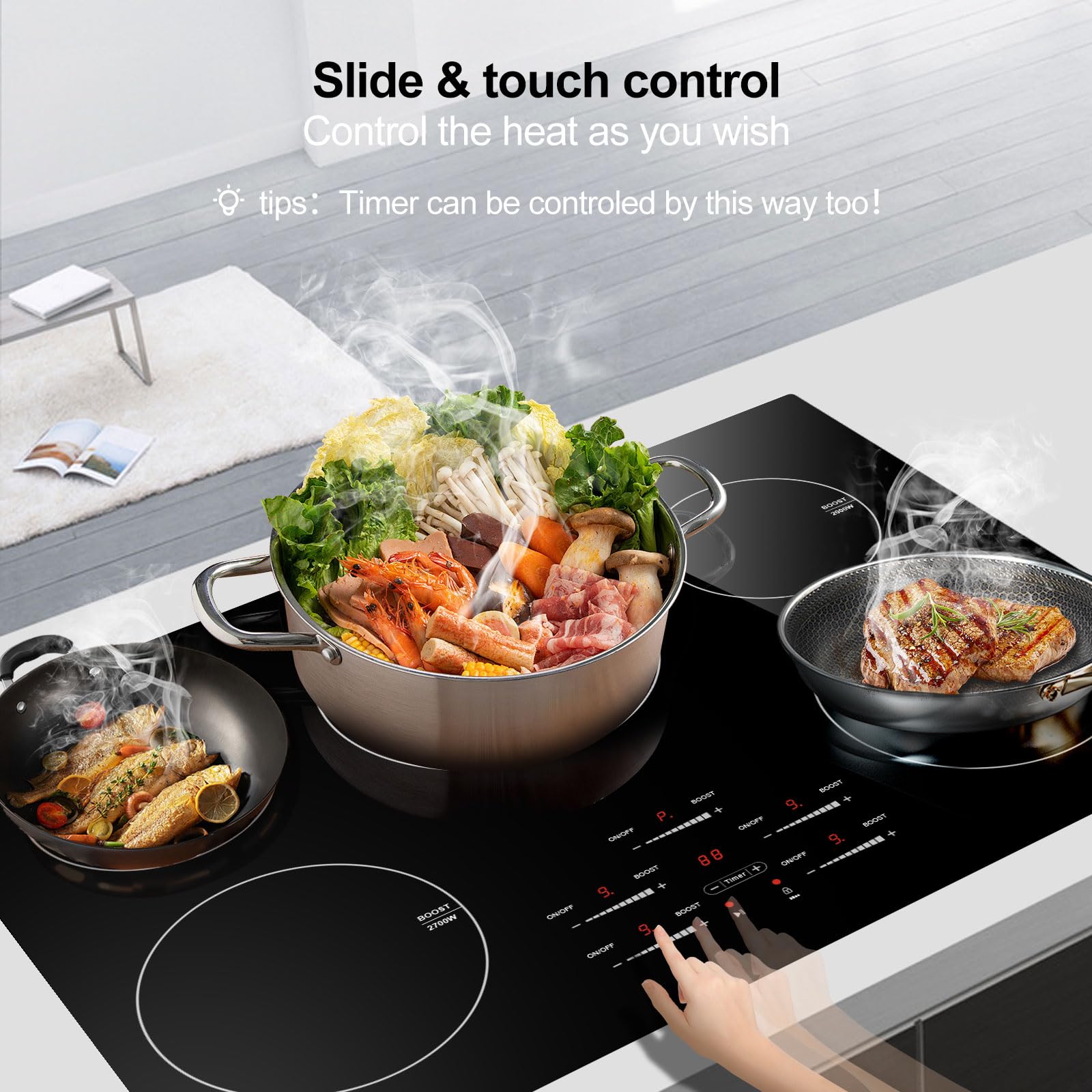 AMZCHEF 30 Inch 10600W Built-in Induction Cooktop with 5 Boost Burners - 9 Power Levels, Slide Touchscreen Control, Child Safety Lock, Independent Timer - 240V No Plug - Perfect for Home Kitchen, Restaurant & Commercial Cooking