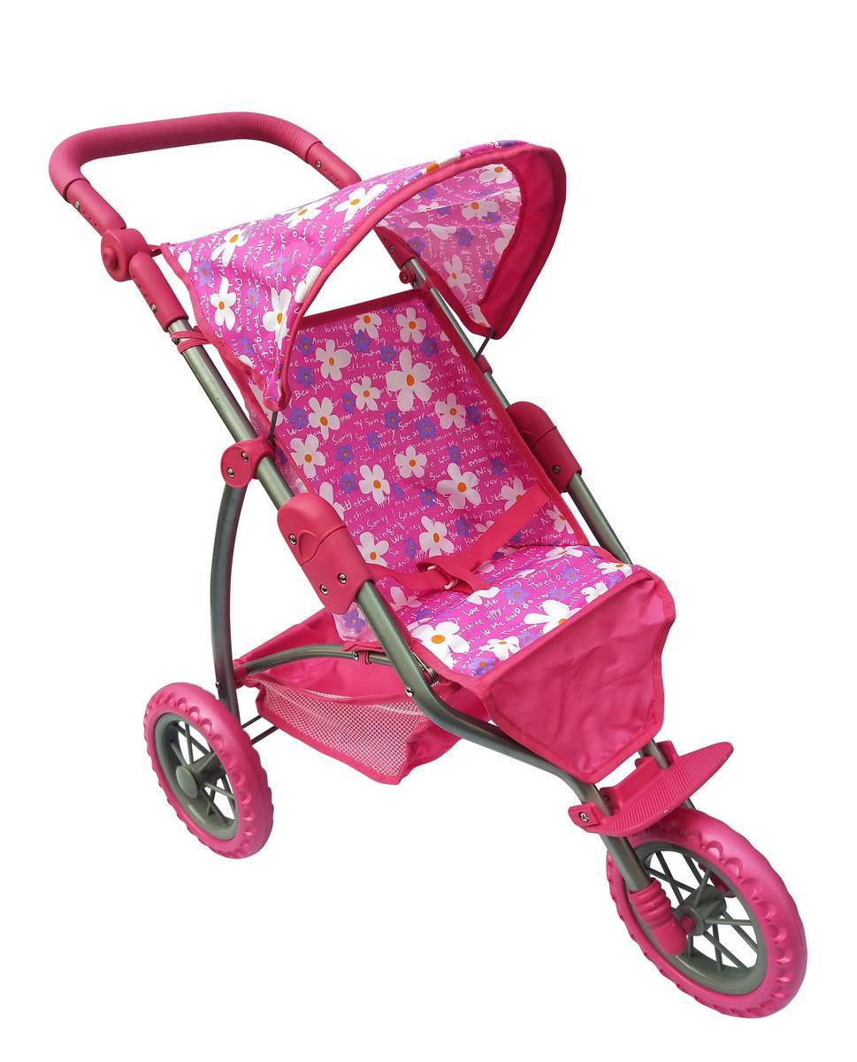 PLAYWORLD DOLL 3-Wheel Jogging Stroller for Baby Girls - Lightweight Pink Stroller with Adjustable Canopy & Storage Basket - Perfect for Park Walks, Shopping & Outdoor Activities