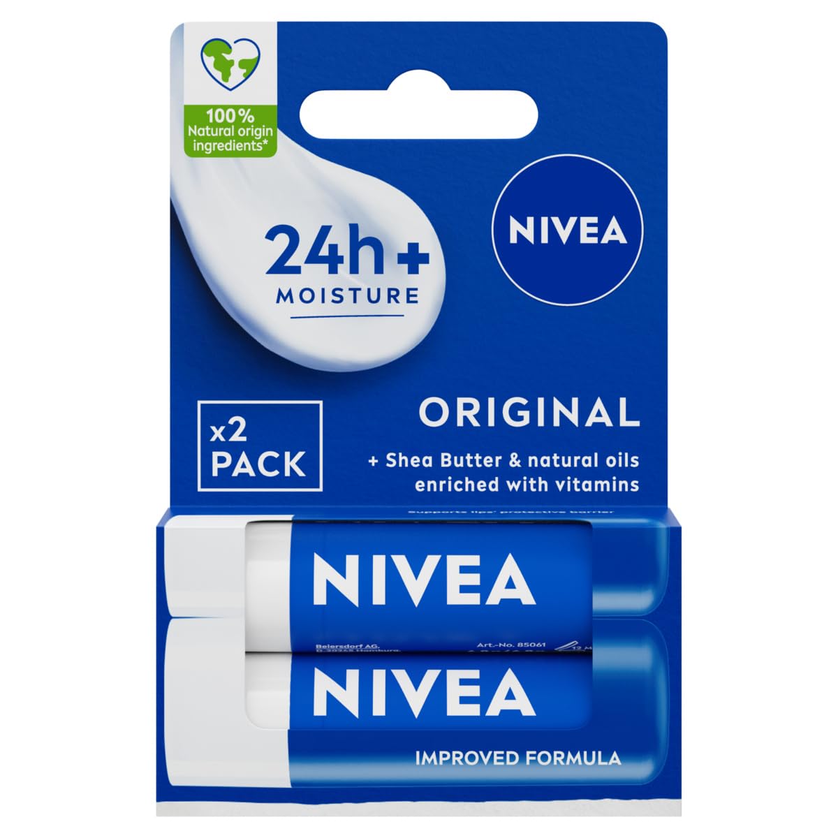 NIVEA Original Care Lip Balm Duo Pack (2x 4.8g) - 24H Hydration, 100% Natural Ingredients with Shea Butter & Vitamins - Perfect for Dry Lips, Winter Care & Daily Moisturizing