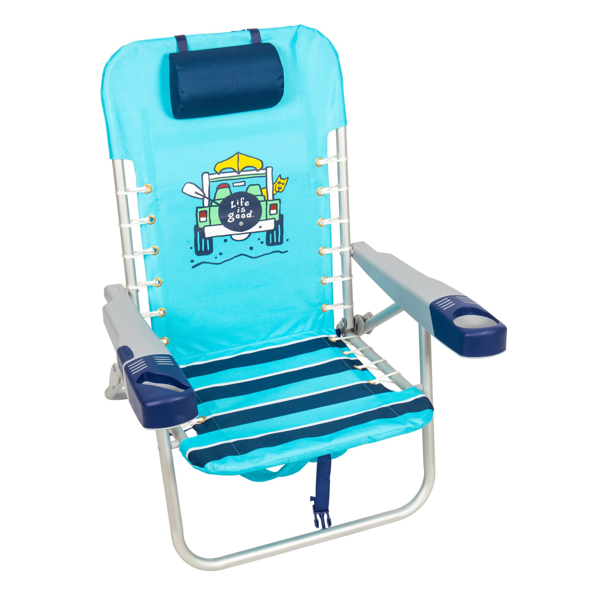Life is Good 4-Position Adjustable Lace-up Backpack Beach Chair with Pillow, Cup Holder & Phone Pocket - Portable Folding Camping Chair for Beach, Park, Travel & Outdoor Activities - Island Blue