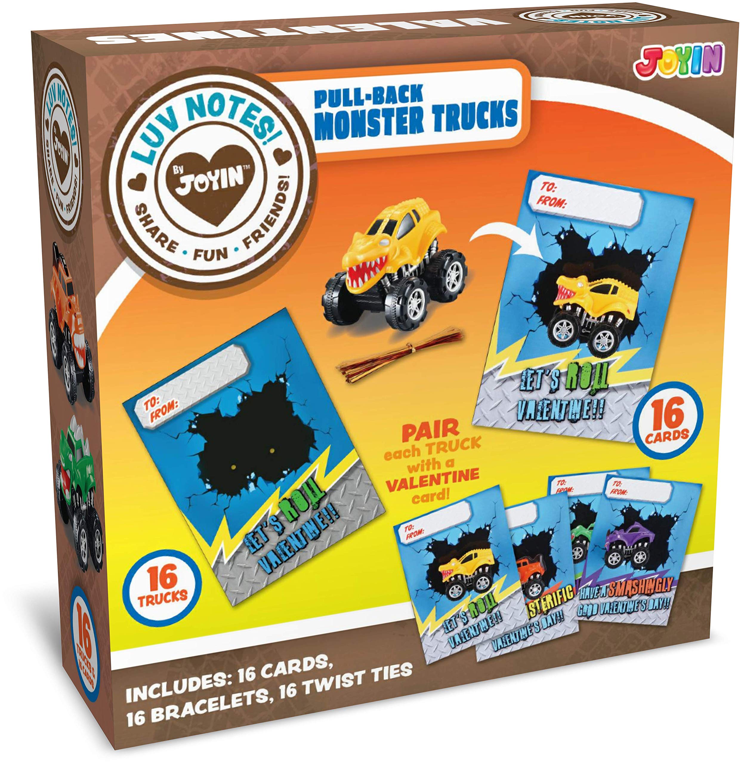 JOYIN 16 Pack Pull Back Monster Truck Toys for Kids - Valentine's Day Party Favors, Classroom Prizes & Gifts for Boys | Mini Toy Trucks for Birthday Parties, School Rewards & Holiday Celebrations