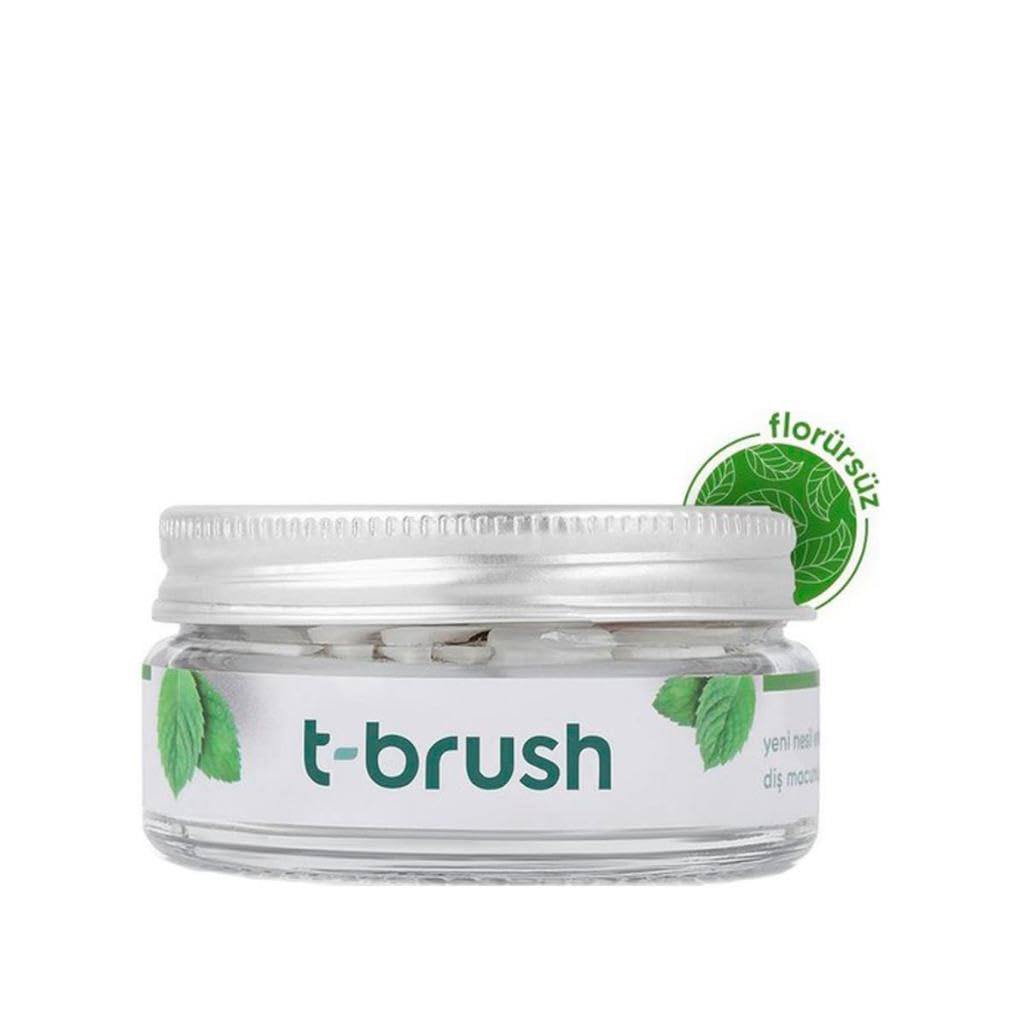 Natural T-Brush Toothpaste Tablets - SLS Free, Gluten Free, Vegan & Cruelty Free with Eco-Friendly Packaging (90 Tablets, Spearmint, Fluoride Free) | Perfect for Travel, Camping & Zero-Waste Lifestyle