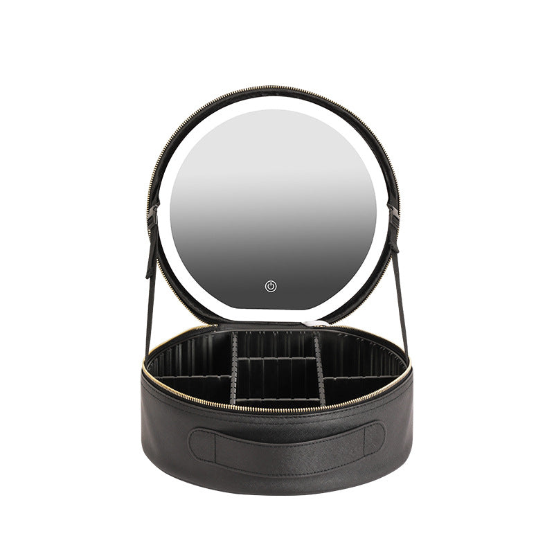 Round Smart LED Makeup Bag with Mirror Lights - Large Capacity PU Leather Cosmetic Case for Women | Travel Organizer & Beauty Storage | Perfect for Travel, Home Vanity & On-the-Go Touchups
