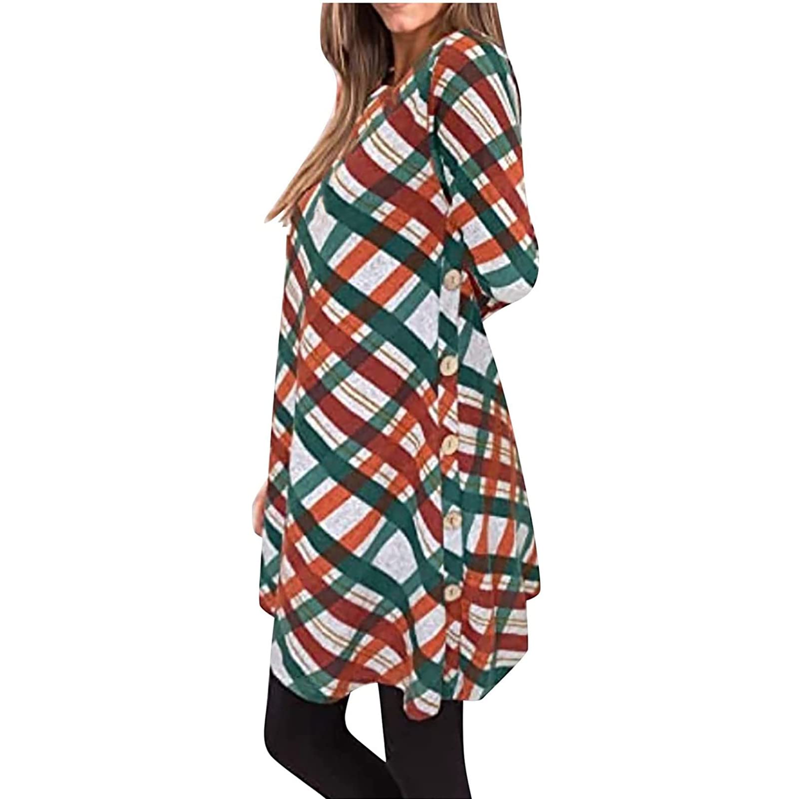 Trendy Women's Plaid Print Long Sleeve Button Dress - Comfortable Loose Fit O-Neck Dress for Autumn & Summer - Perfect Mother's Day Gift for Women (2022 Collection) - Ideal for Office Wear, Date Nights & Casual Outings