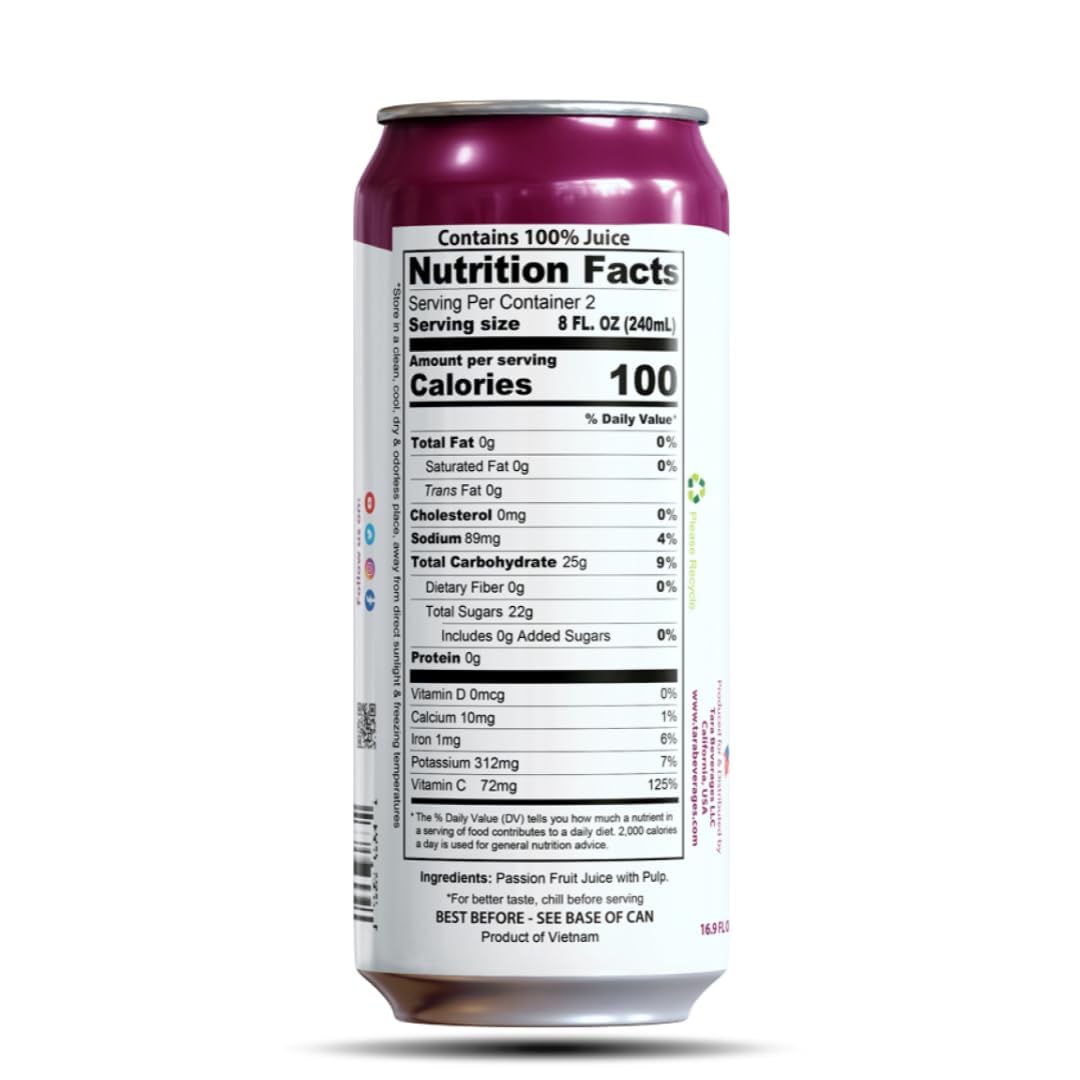 Tara Beverages 100% Pure Passion Fruit Juice with Pulp - No Added Sugar, No Preservatives, Natural Refreshment - 16.9 fl.oz (12 Pack) - Perfect for Breakfast, Smoothies & Healthy Hydration
