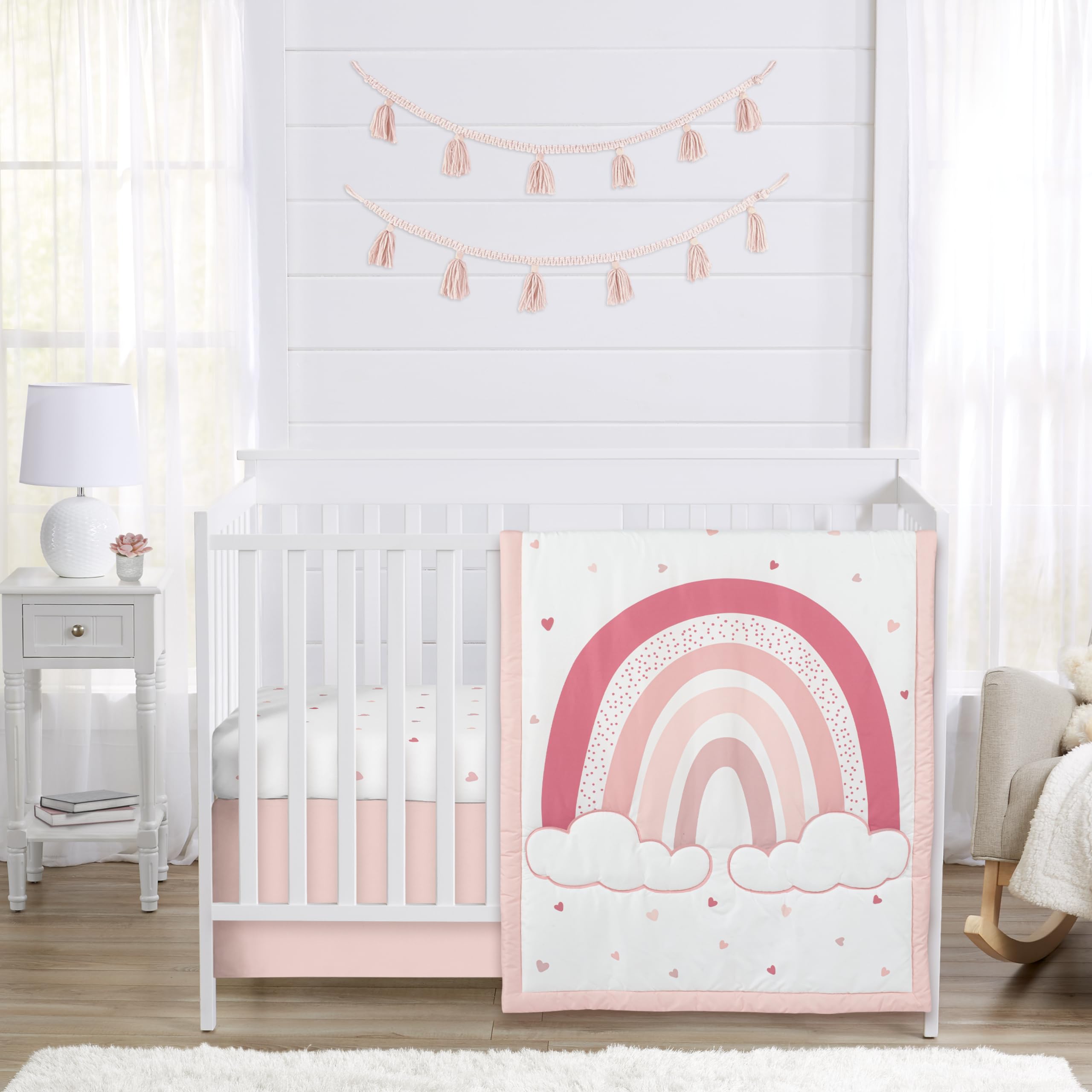 Sweet Jojo Designs Pink Boho Rainbow & Hearts Baby Crib Bedding Set - 3 Piece Nursery Set with Blanket, Fitted Sheet & Skirt | Blush Mauve Shabby Chic Bohemian Cloud Dusty Rose Polka Dot Heart | Perfect for Nursery Decor, Baby Shower Gifts & Newborn Room Styling