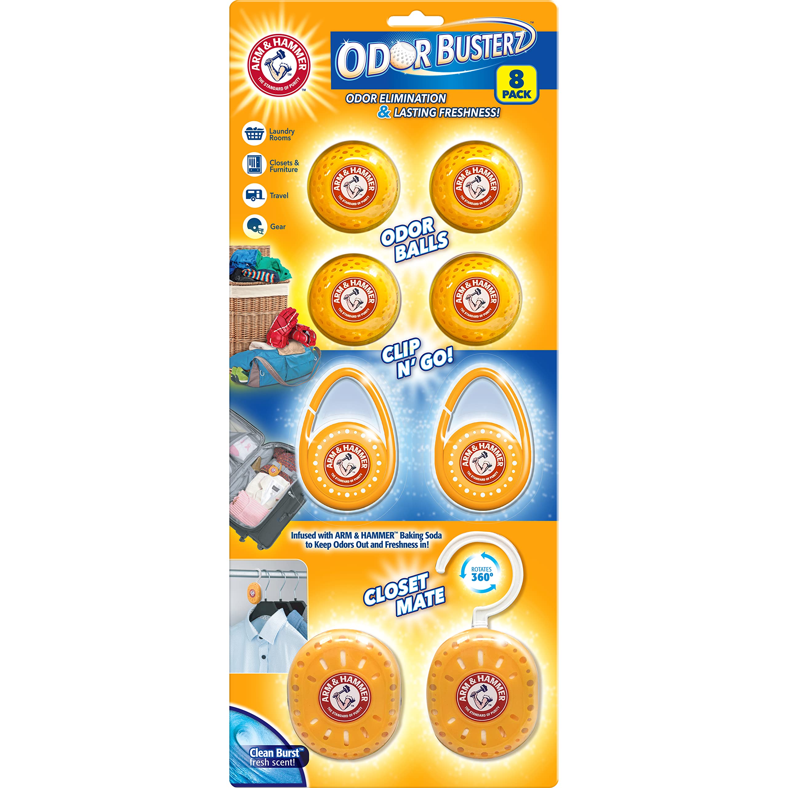 Arm & Hammer Odor Busterz Deodorizer Balls - 8 Pack (4 with Clips + 4 with Hangers) for Closets, Shoes, Gym Bags & Laundry - Long-Lasting Odor Eliminator for Home, Office & Sports Gear - Fresh Scent & Easy to Use